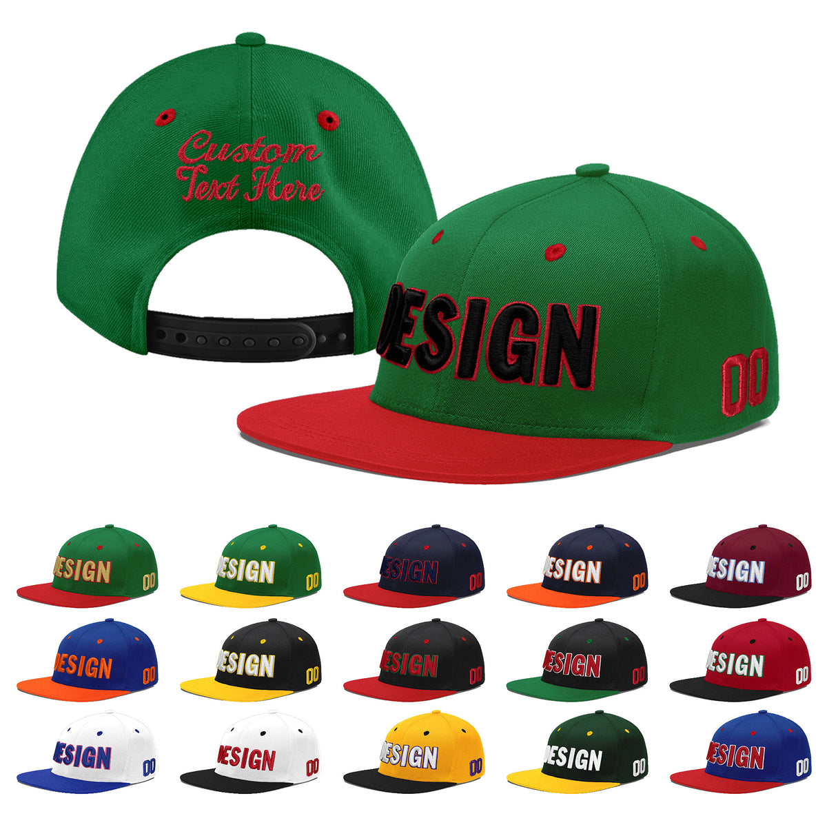 Custom Kelly Green Red 3D Puff Embroidery Flat Embroidery Casual Sport Baseball Cap