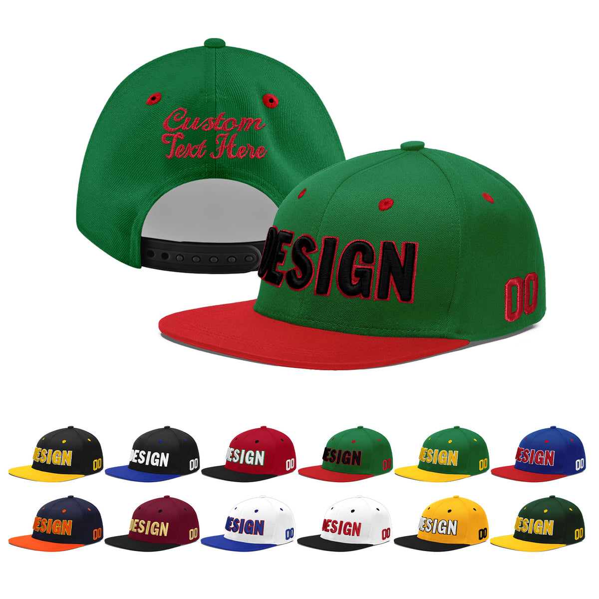 Custom Kelly Green Red 3D Puff Embroidery Flat Embroidery Casual Sport Baseball Cap
