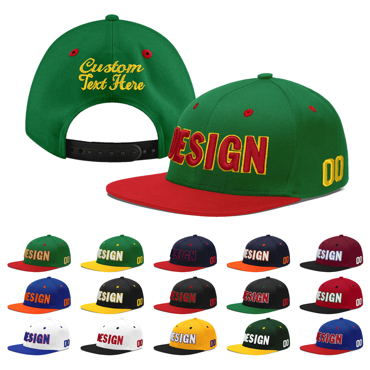 Custom Kelly Green Red 3D Puff Embroidery Flat Embroidery Casual Sport Baseball Cap
