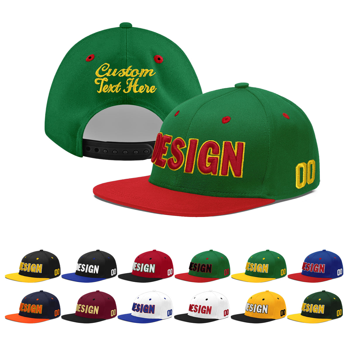 Custom Kelly Green Red 3D Puff Embroidery Flat Embroidery Casual Sport Baseball Cap