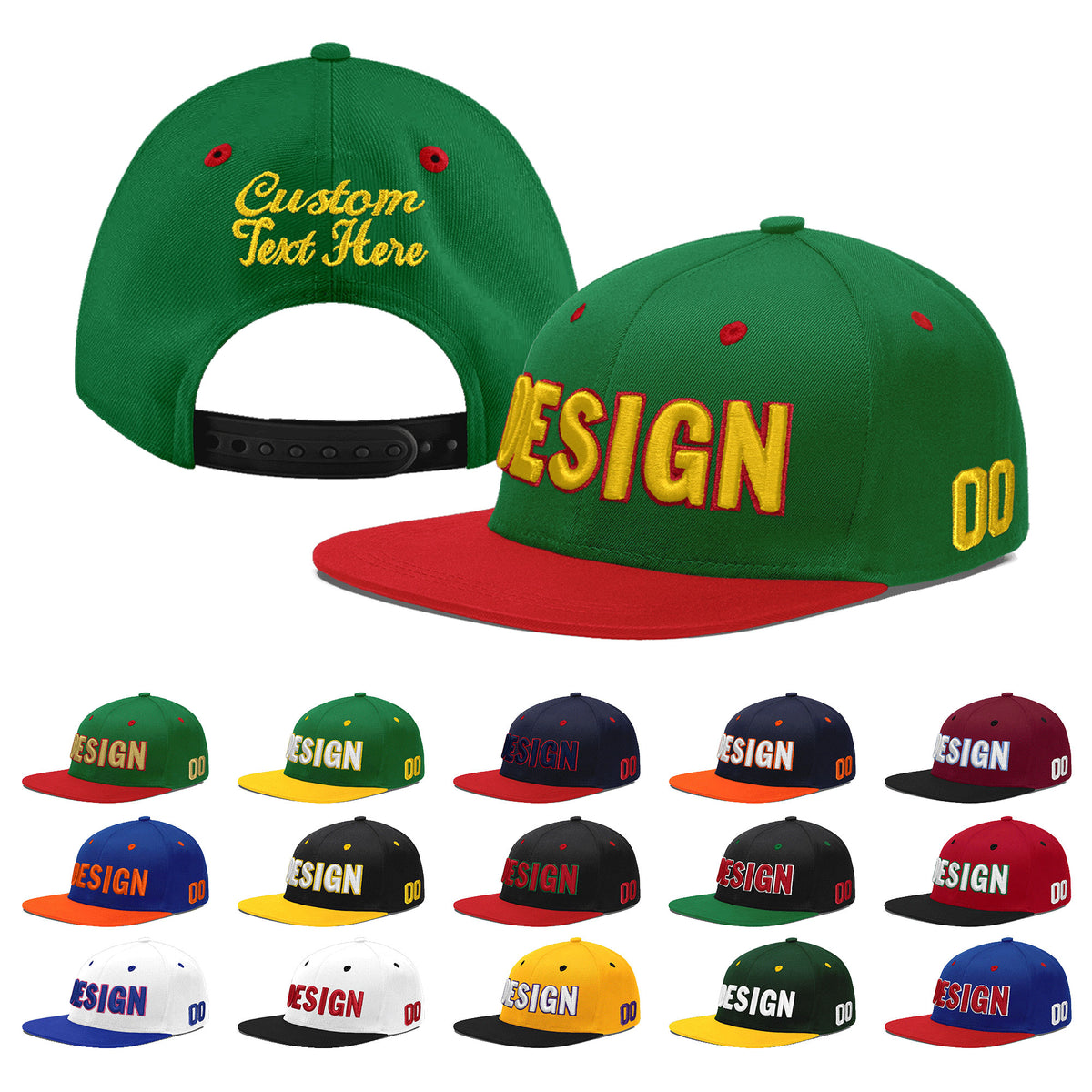 Custom Kelly Green Red 3D Puff Embroidery Flat Embroidery Casual Sport Baseball Cap
