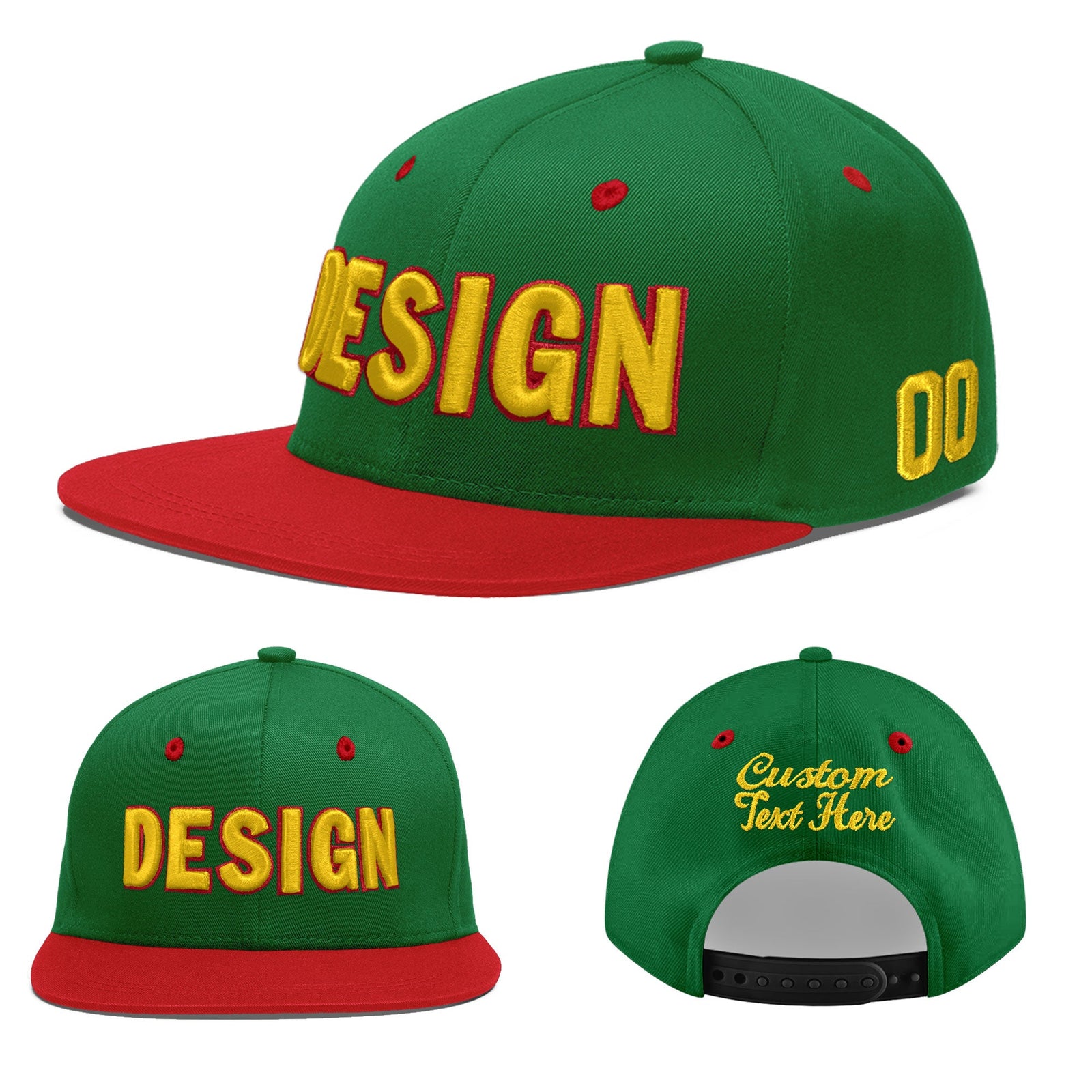Custom Kelly Green Red 3D Puff Embroidery Flat Embroidery Casual Sport Baseball Cap