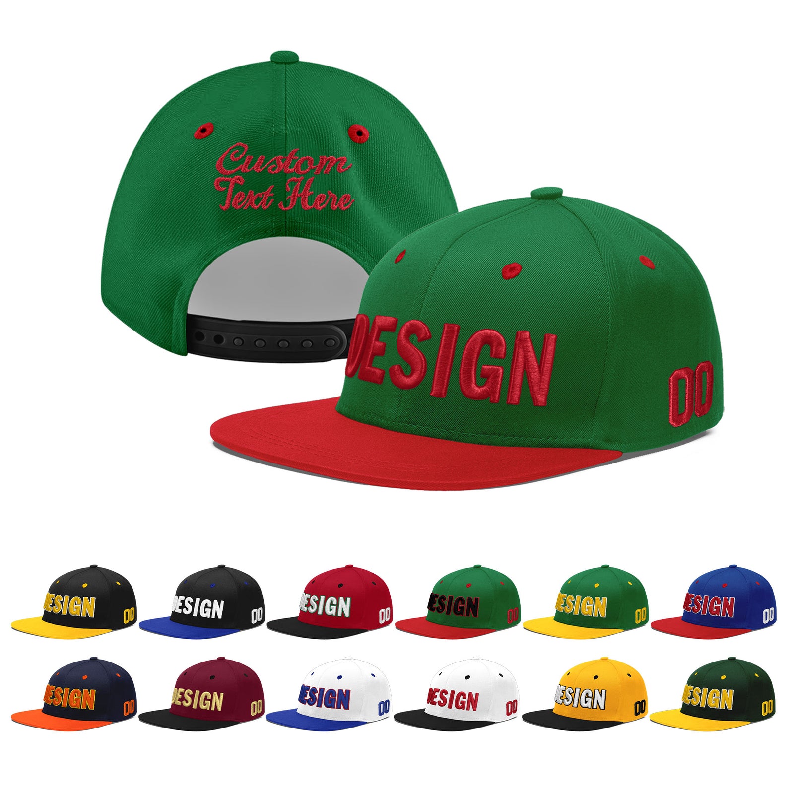 Custom Kelly Green Red 3D Puff Embroidery Flat Embroidery Casual Sport Baseball Cap