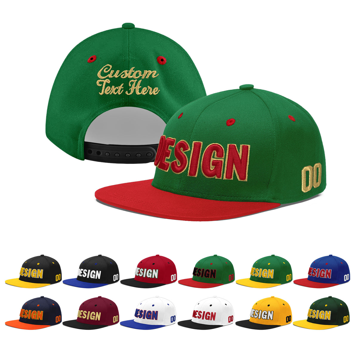 Custom Kelly Green Red 3D Puff Embroidery Flat Embroidery Casual Sport Baseball Cap