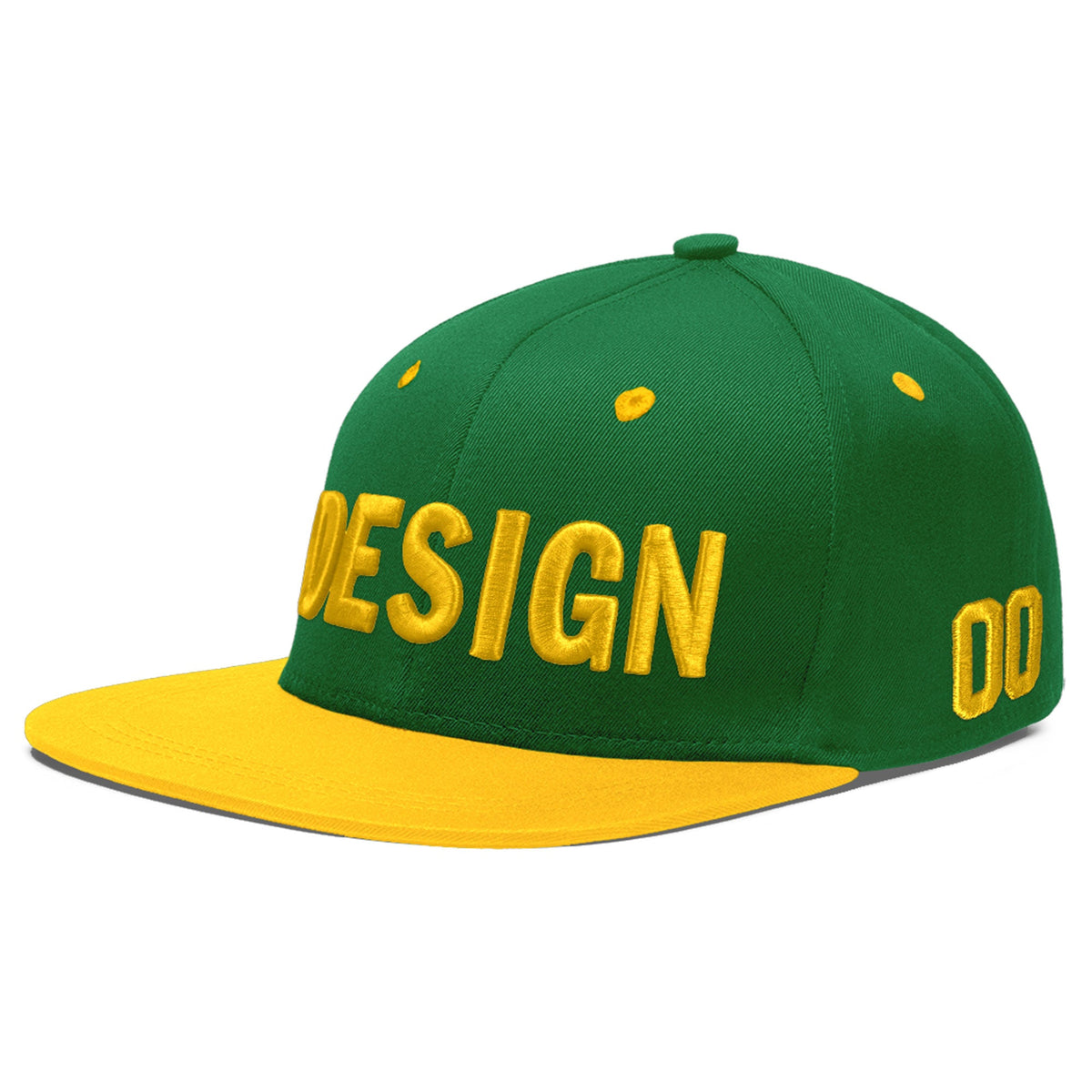 Custom Kelly Green Gold 3D Puff Embroidery Flat Embroidery Casual Sport Baseball Cap