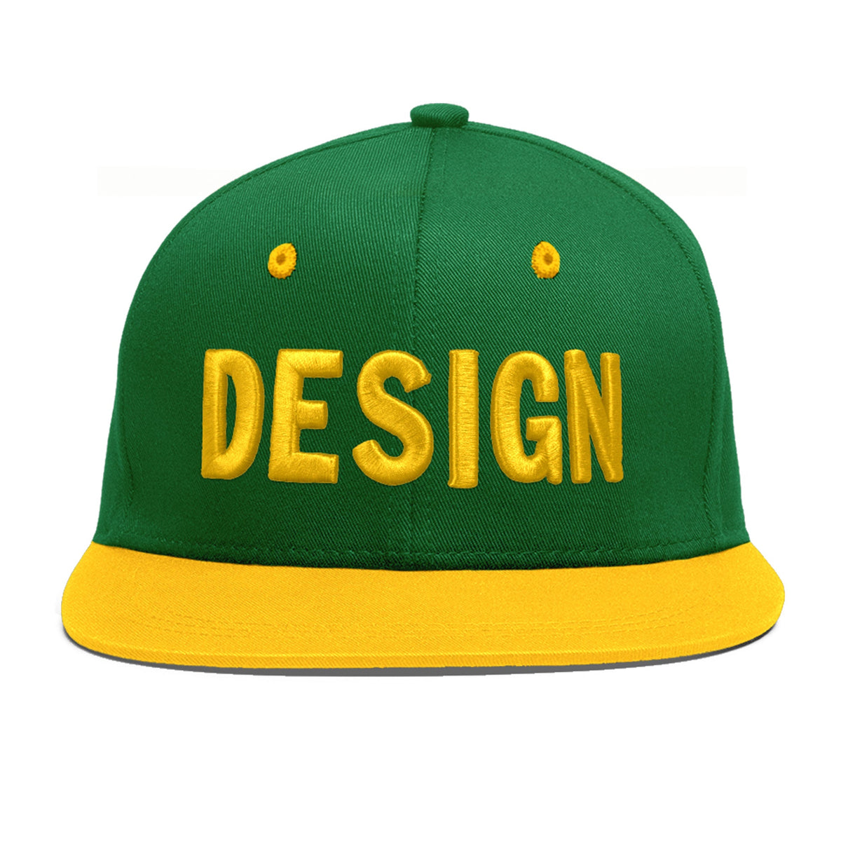 Custom Kelly Green Gold 3D Puff Embroidery Flat Embroidery Casual Sport Baseball Cap
