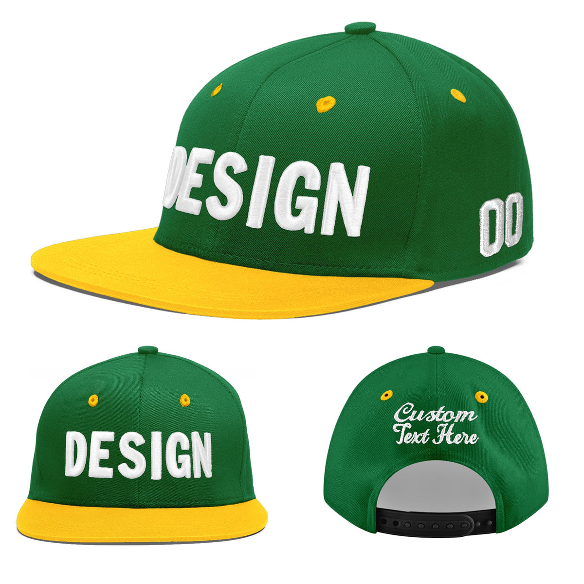 Custom Kelly Green Gold 3D Puff Embroidery Flat Embroidery Casual Sport Baseball Cap