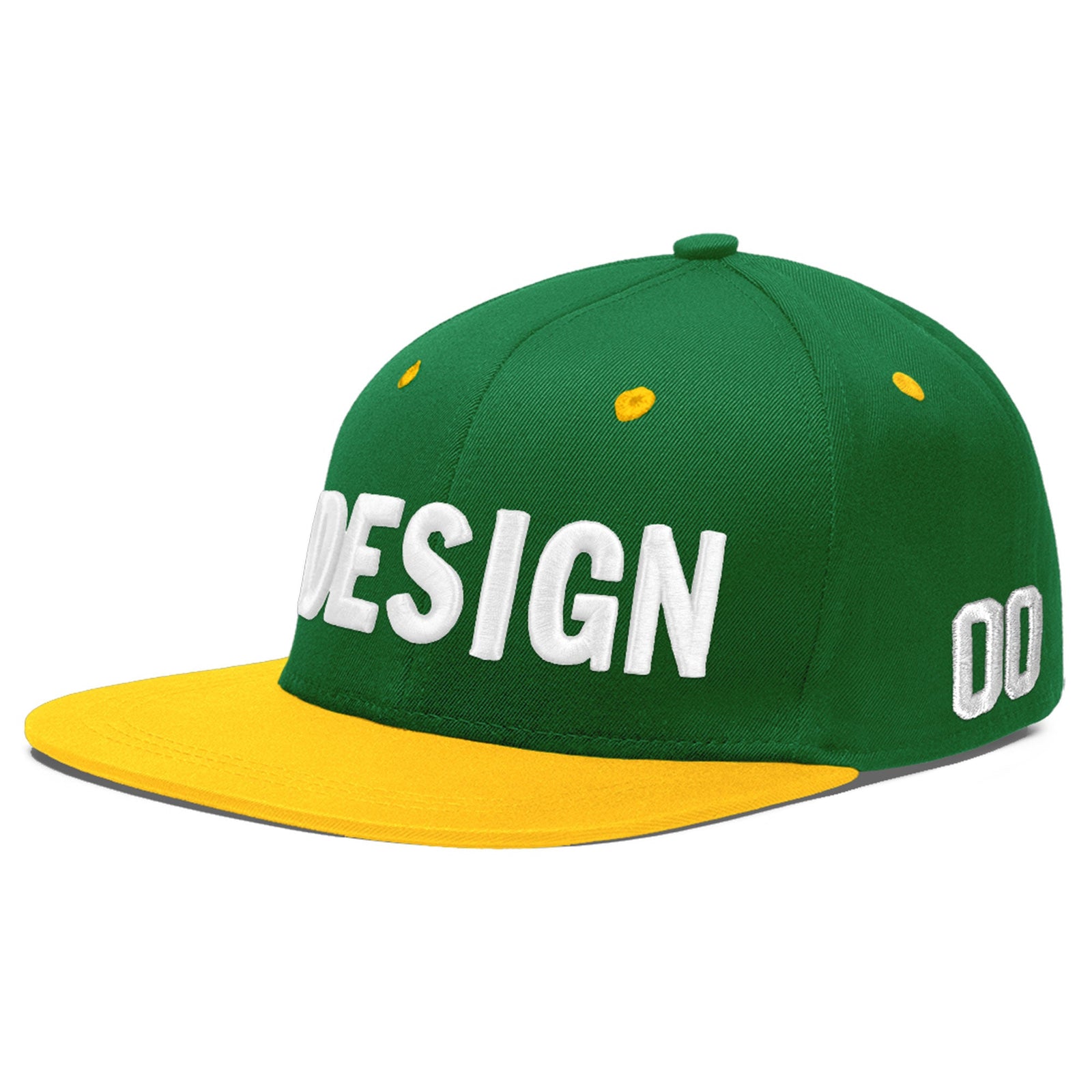 Custom Kelly Green Gold 3D Puff Embroidery Flat Embroidery Casual Sport Baseball Cap
