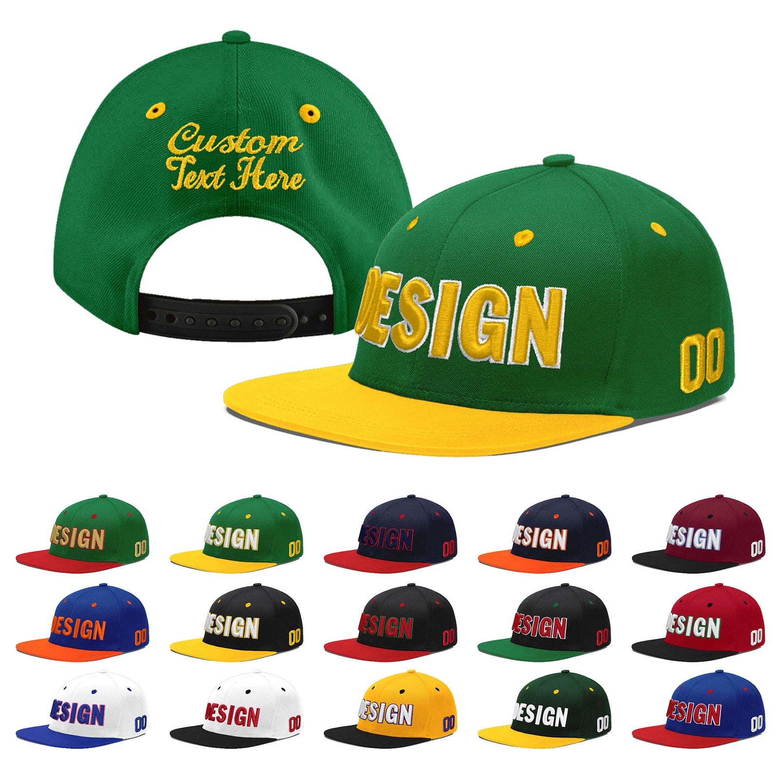 Custom Kelly Green Gold 3D Puff Embroidery Flat Embroidery Casual Sport Baseball Cap