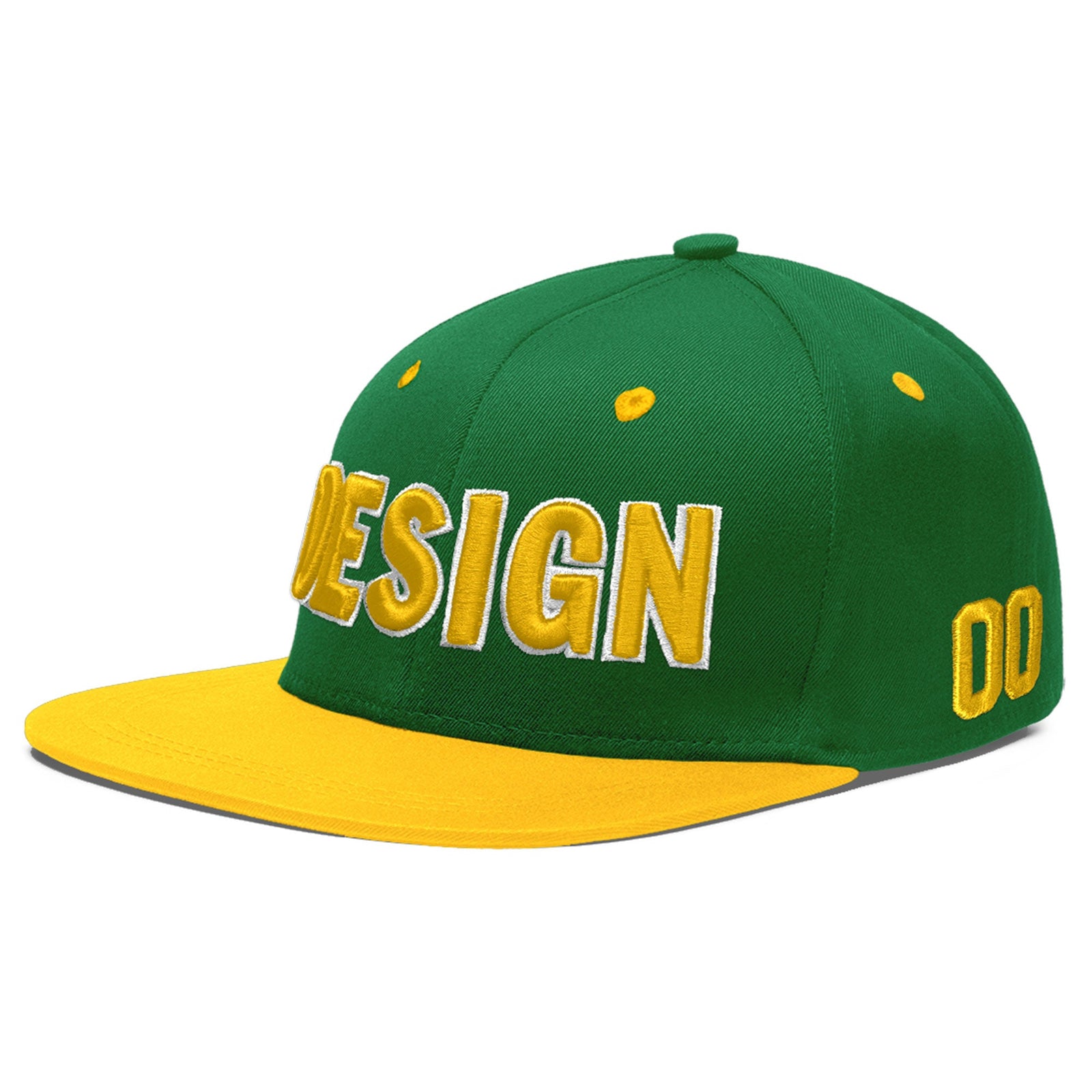 Custom Kelly Green Gold 3D Puff Embroidery Flat Embroidery Casual Sport Baseball Cap
