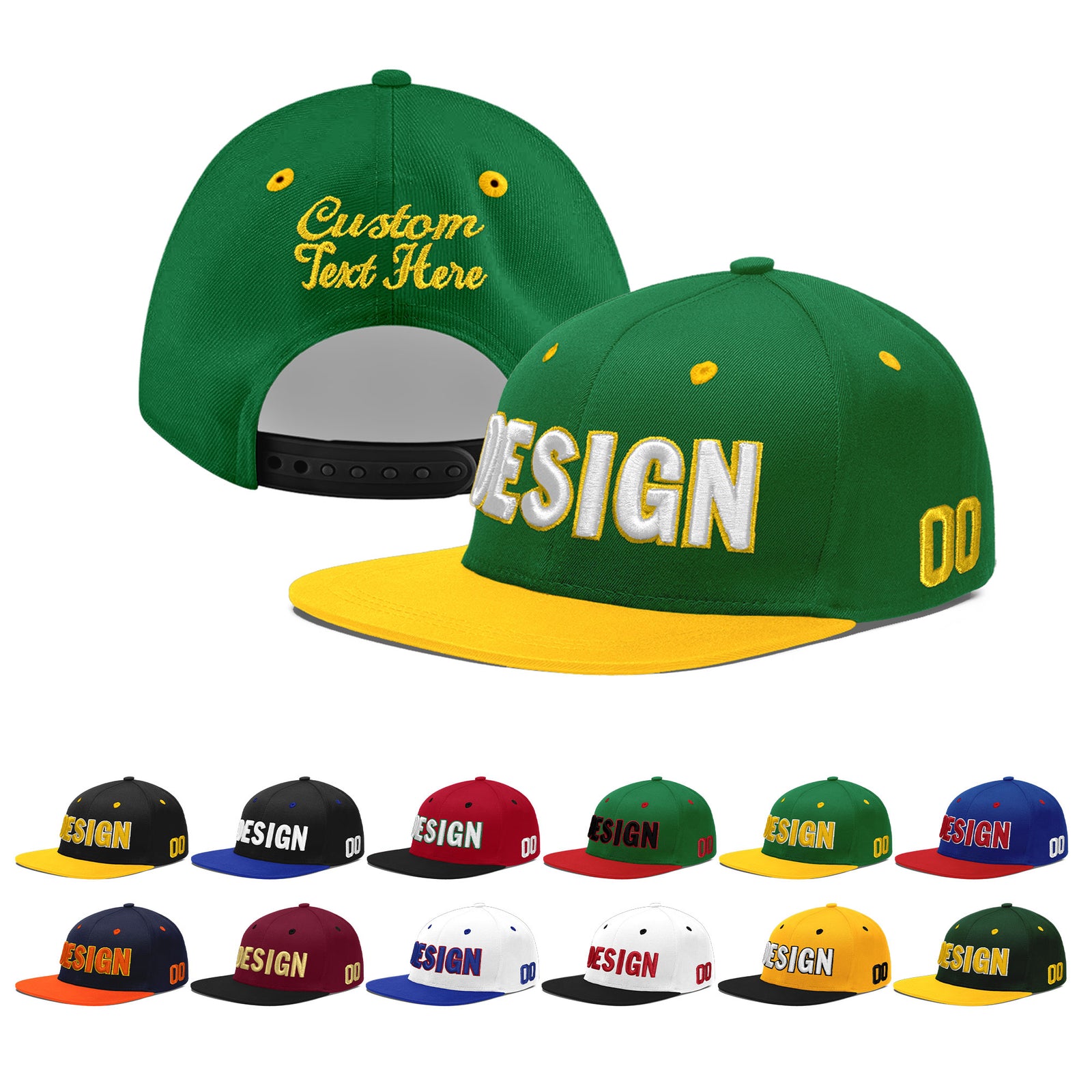 Custom Kelly Green Gold 3D Puff Embroidery Flat Embroidery Casual Sport Baseball Cap