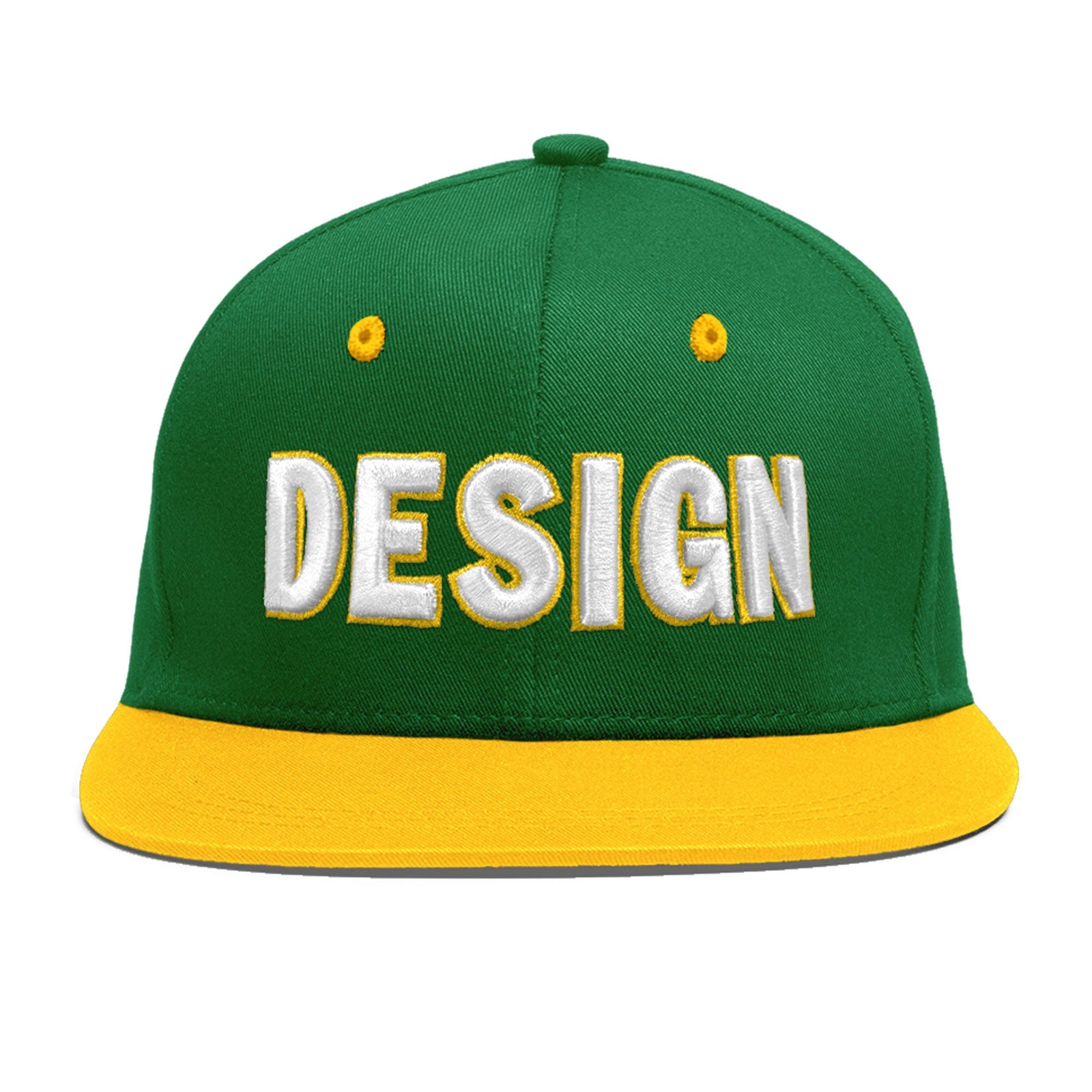 Custom Kelly Green Gold 3D Puff Embroidery Flat Embroidery Casual Sport Baseball Cap