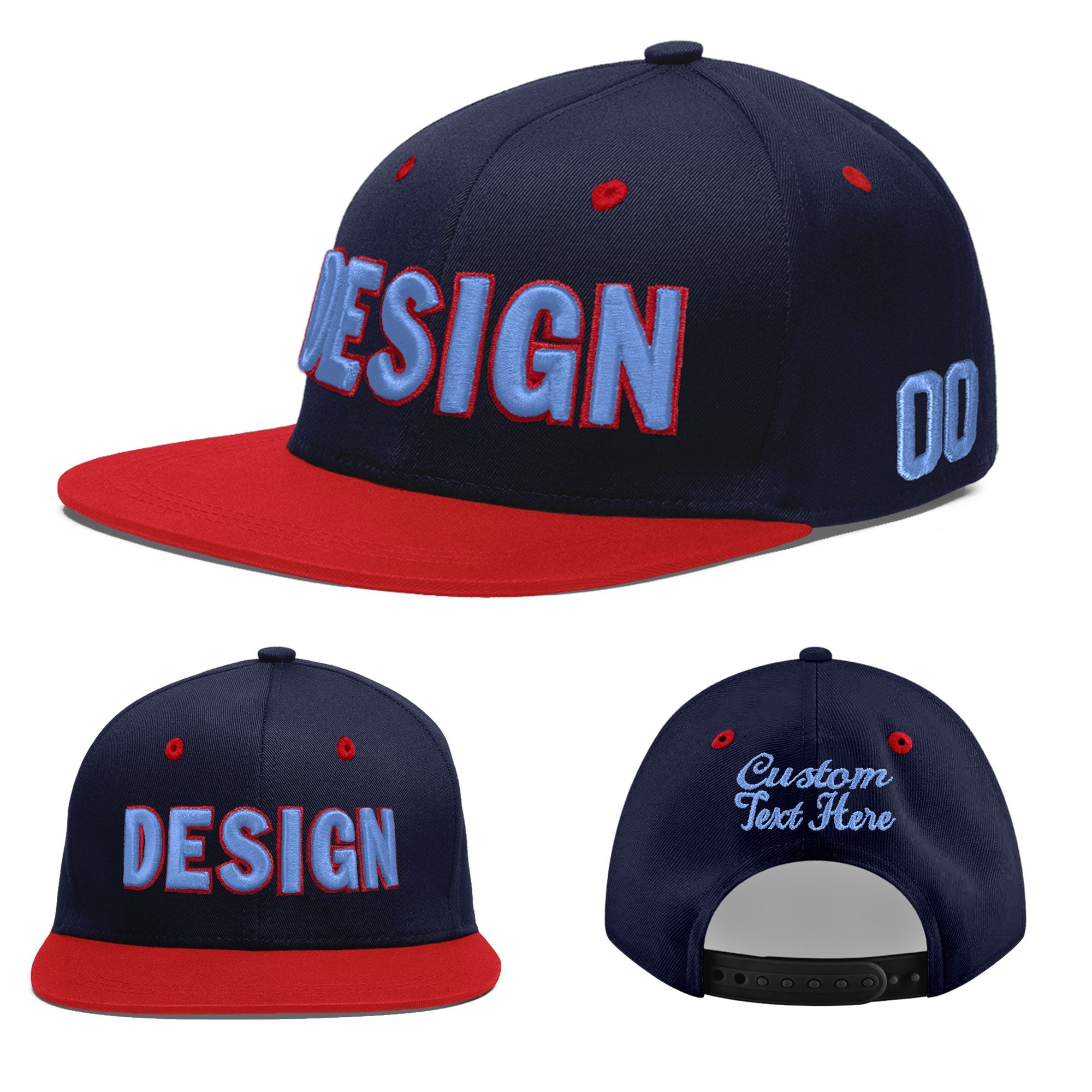 Custom Navy Red 3D Puff Embroidery Flat Embroidery Casual Sport Baseball Cap