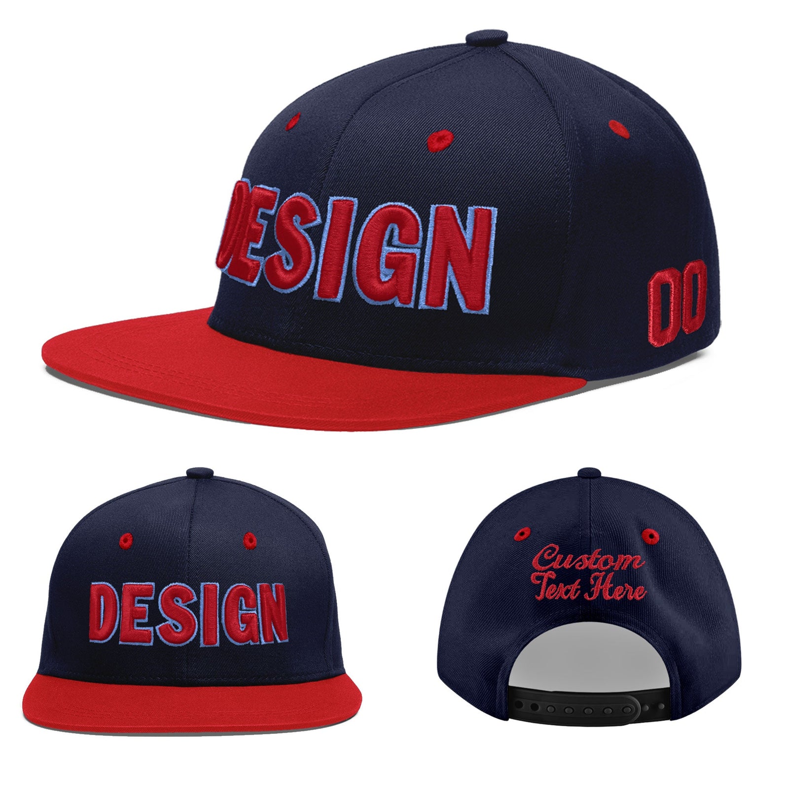 Custom Navy Red 3D Puff Embroidery Flat Embroidery Casual Sport Baseball Cap