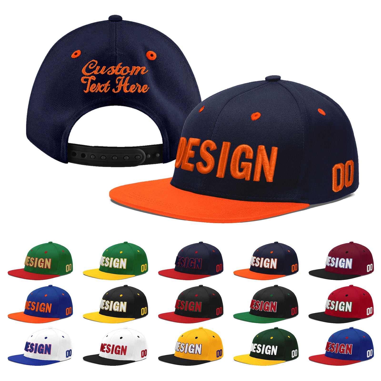 Custom Navy Orange 3D Puff Embroidery Flat Embroidery Casual Sport Baseball Cap
