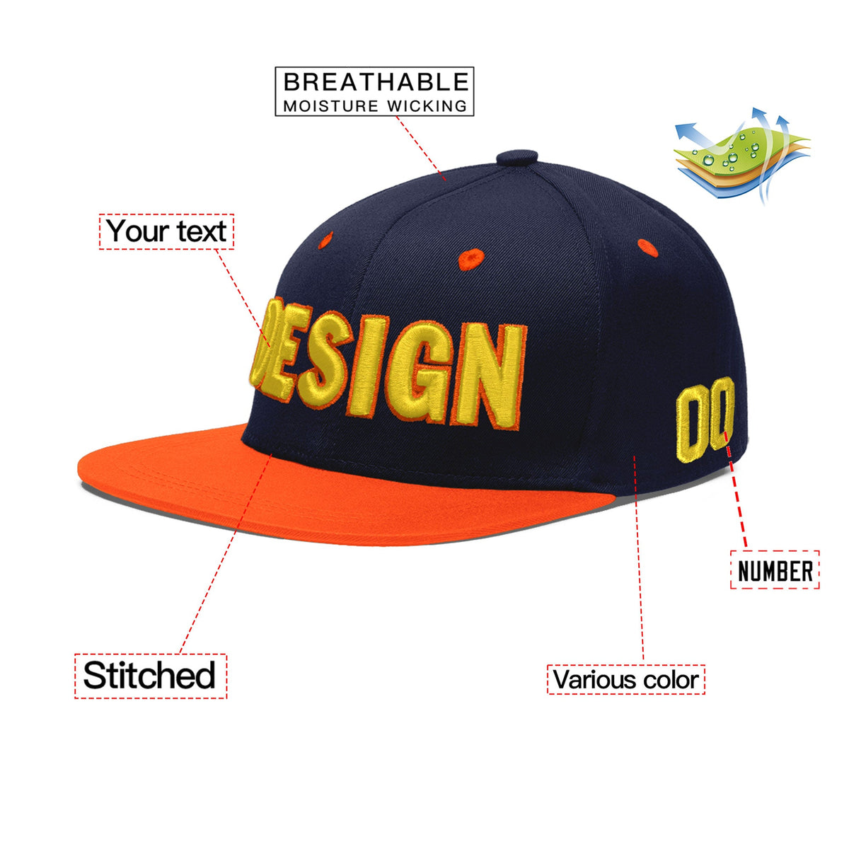 Custom Navy Orange 3D Puff Embroidery Flat Embroidery Casual Sport Baseball Cap