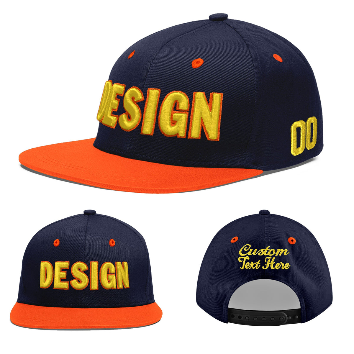 Custom Navy Orange 3D Puff Embroidery Flat Embroidery Casual Sport Baseball Cap