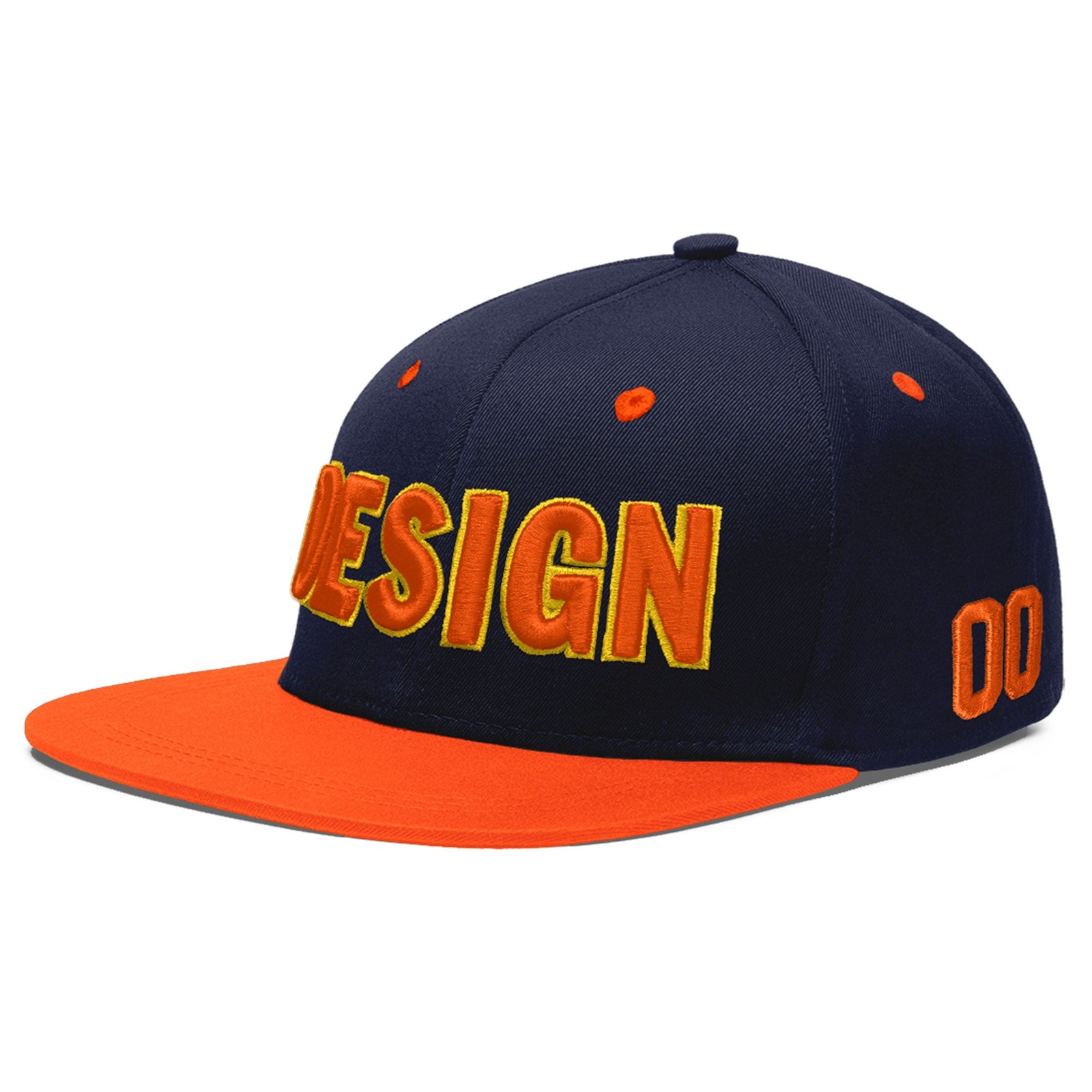 Custom Navy Orange 3D Puff Embroidery Flat Embroidery Casual Sport Baseball Cap