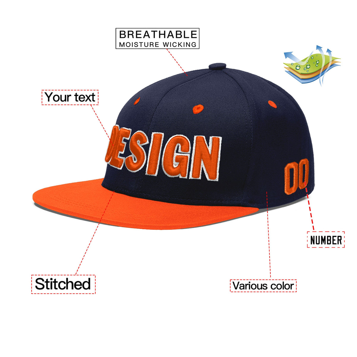 Custom Navy Orange 3D Puff Embroidery Flat Embroidery Casual Sport Baseball Cap