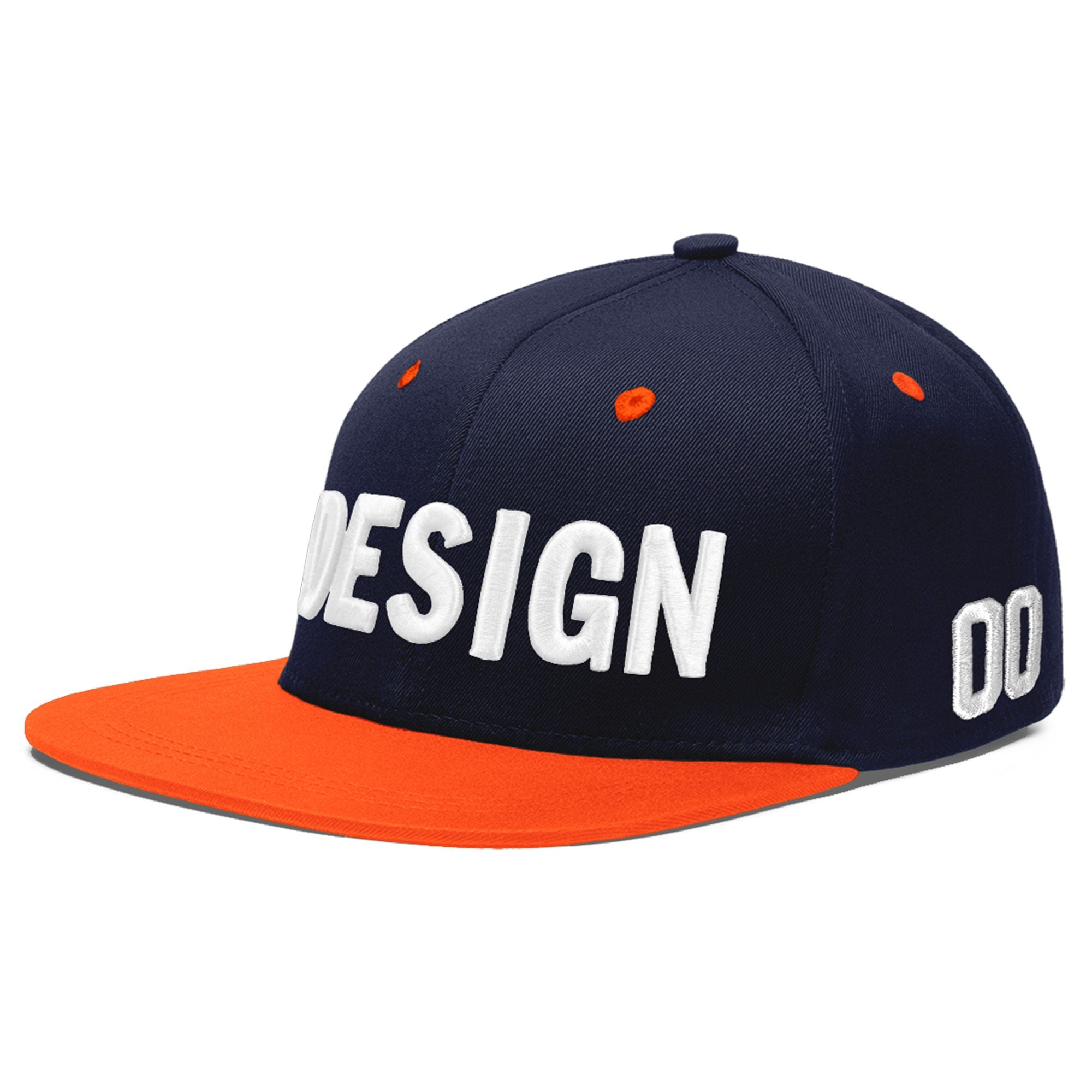 Custom Navy Orange 3D Puff Embroidery Flat Embroidery Casual Sport Baseball Cap