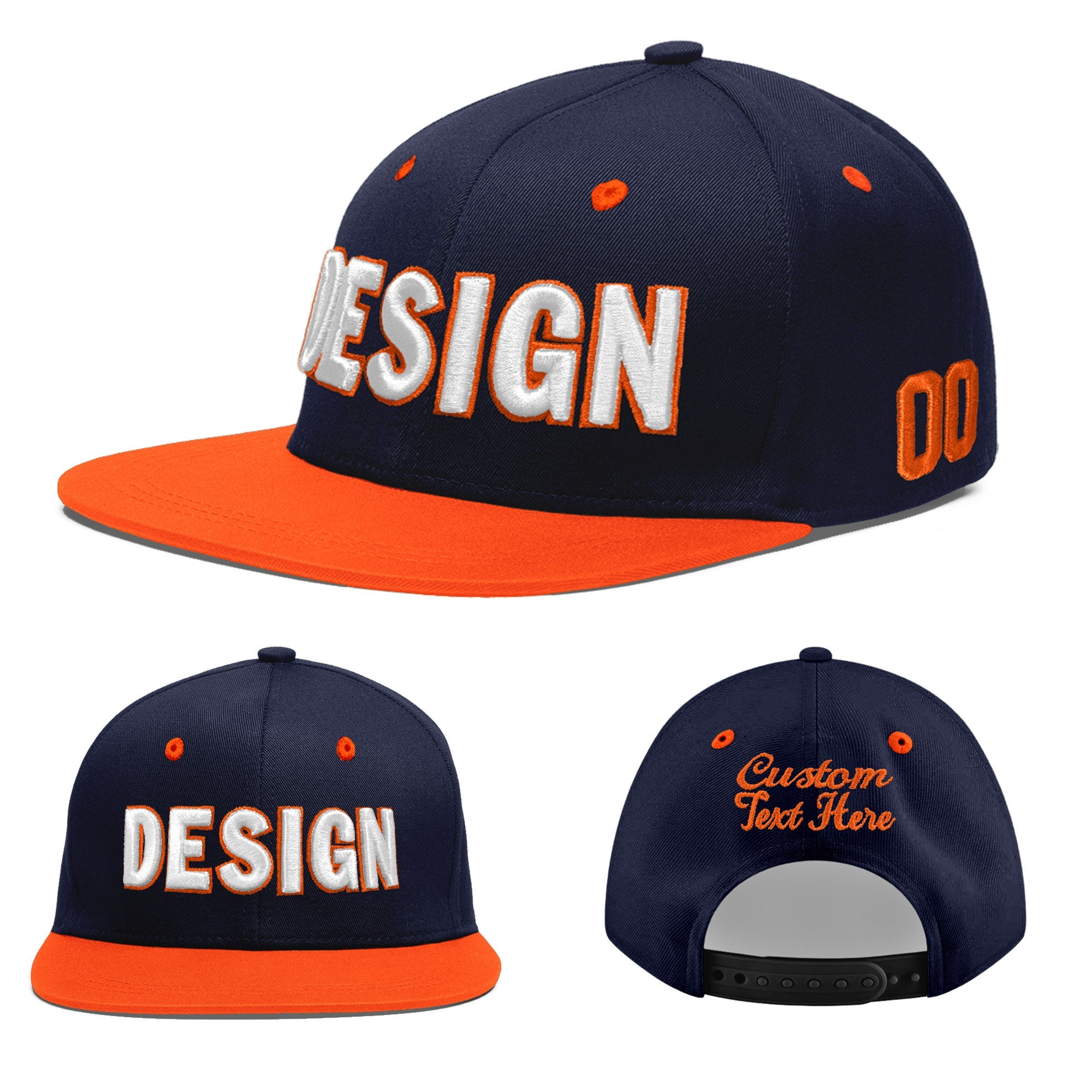 Custom Navy Orange 3D Puff Embroidery Flat Embroidery Casual Sport Baseball Cap