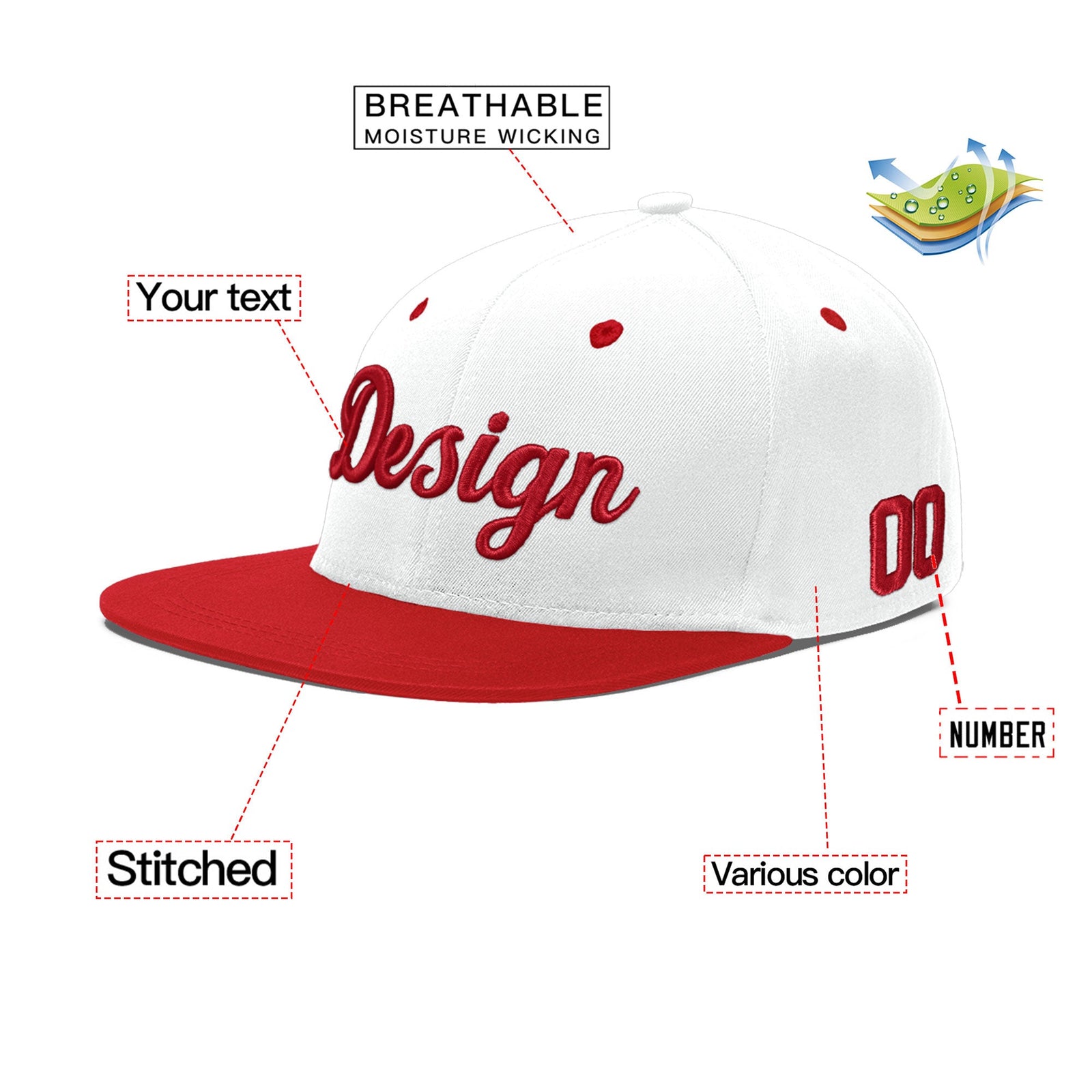 Custom White Red 3D Puff Embroidery Flat Embroidery Casual Sport Hats| KXKSHOP