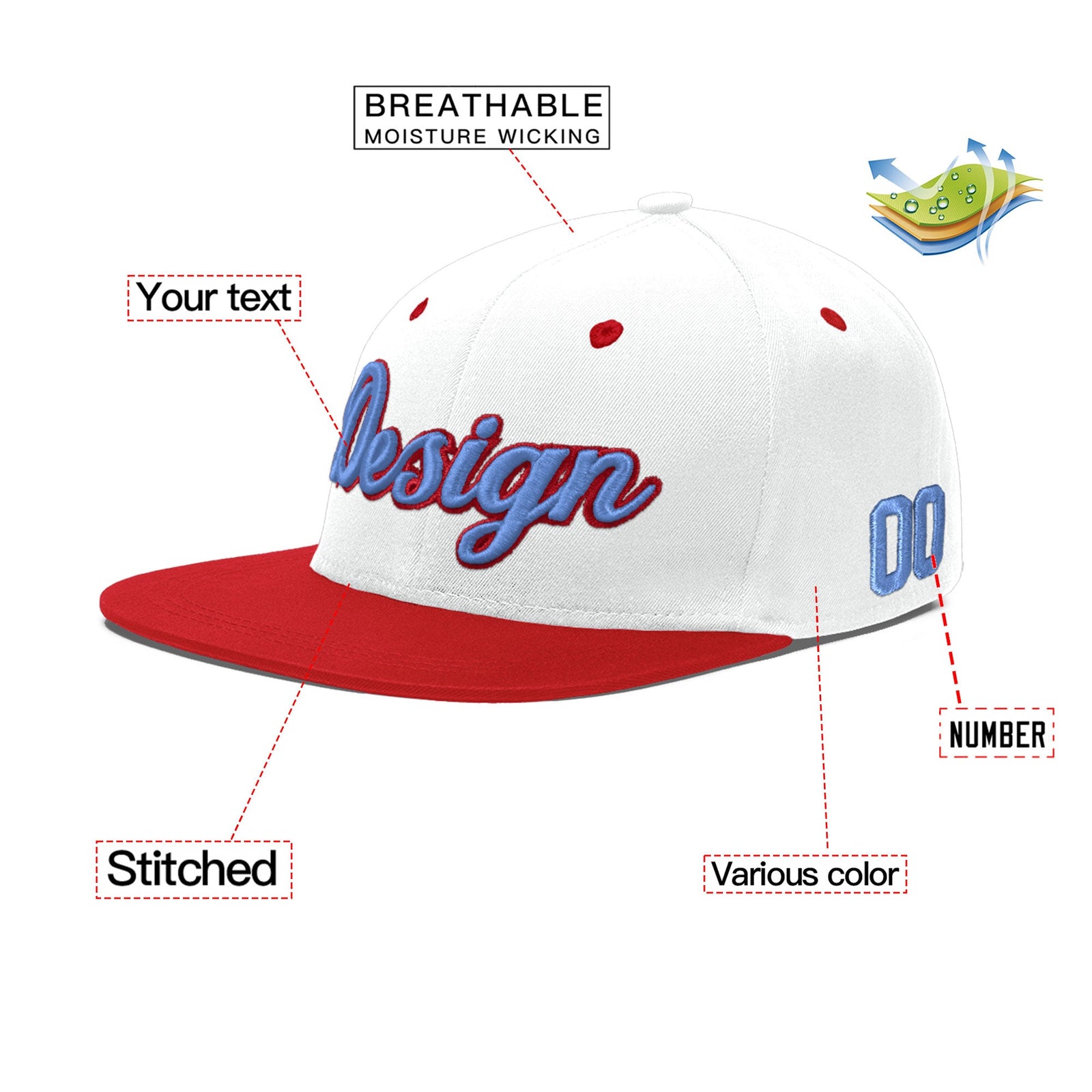 Custom White Red 3D Puff Embroidery Flat Embroidery Casual Sport Hats| KXKSHOP
