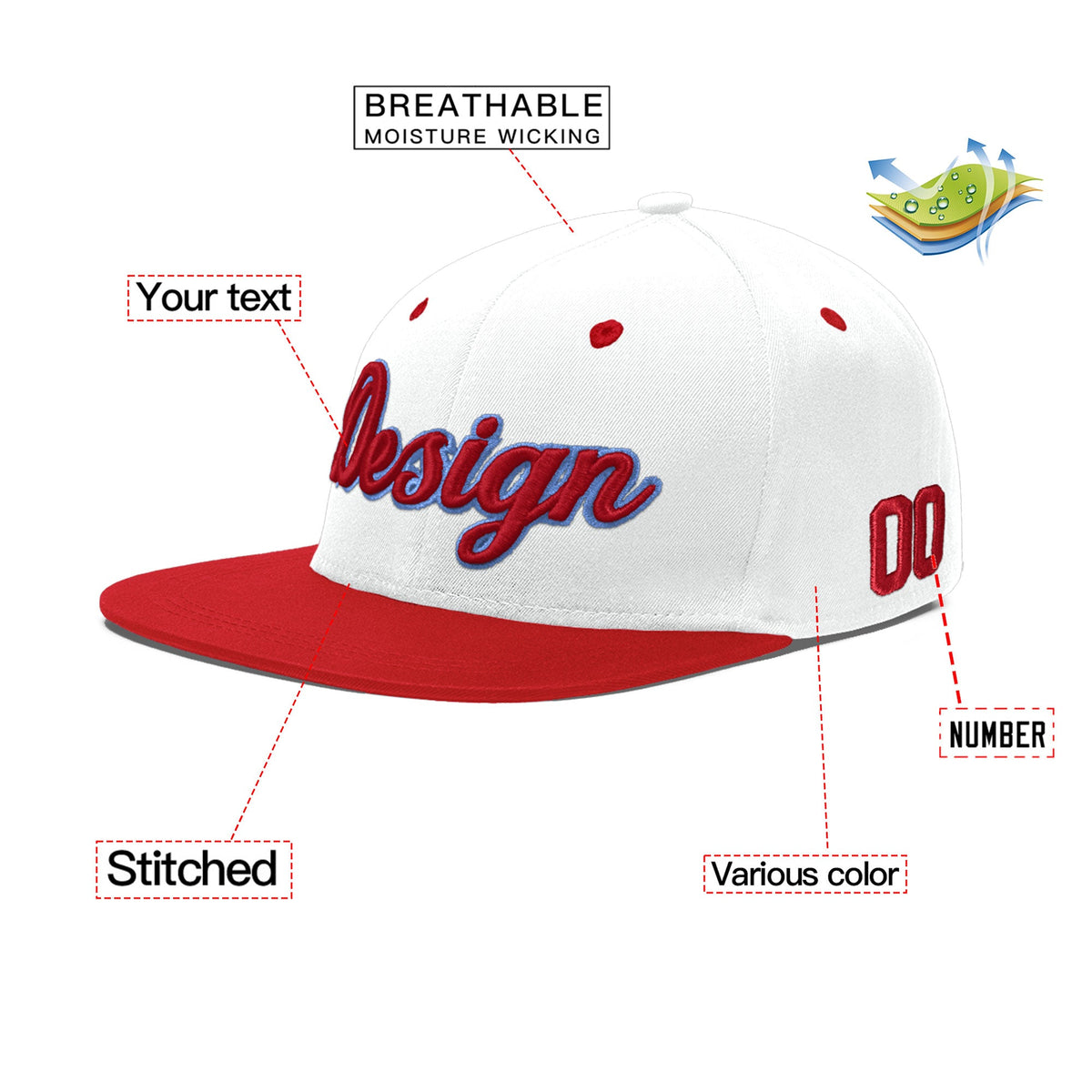 Custom White Red Light Blue 3D Puff Embroidery Flat Embroidery Casual Sport Hats| KXKSHOP