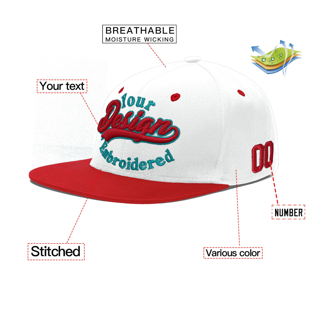 Custom White Red 3D Puff Embroidery Flat Embroidery Casual Sport Hats| KXKSHOP