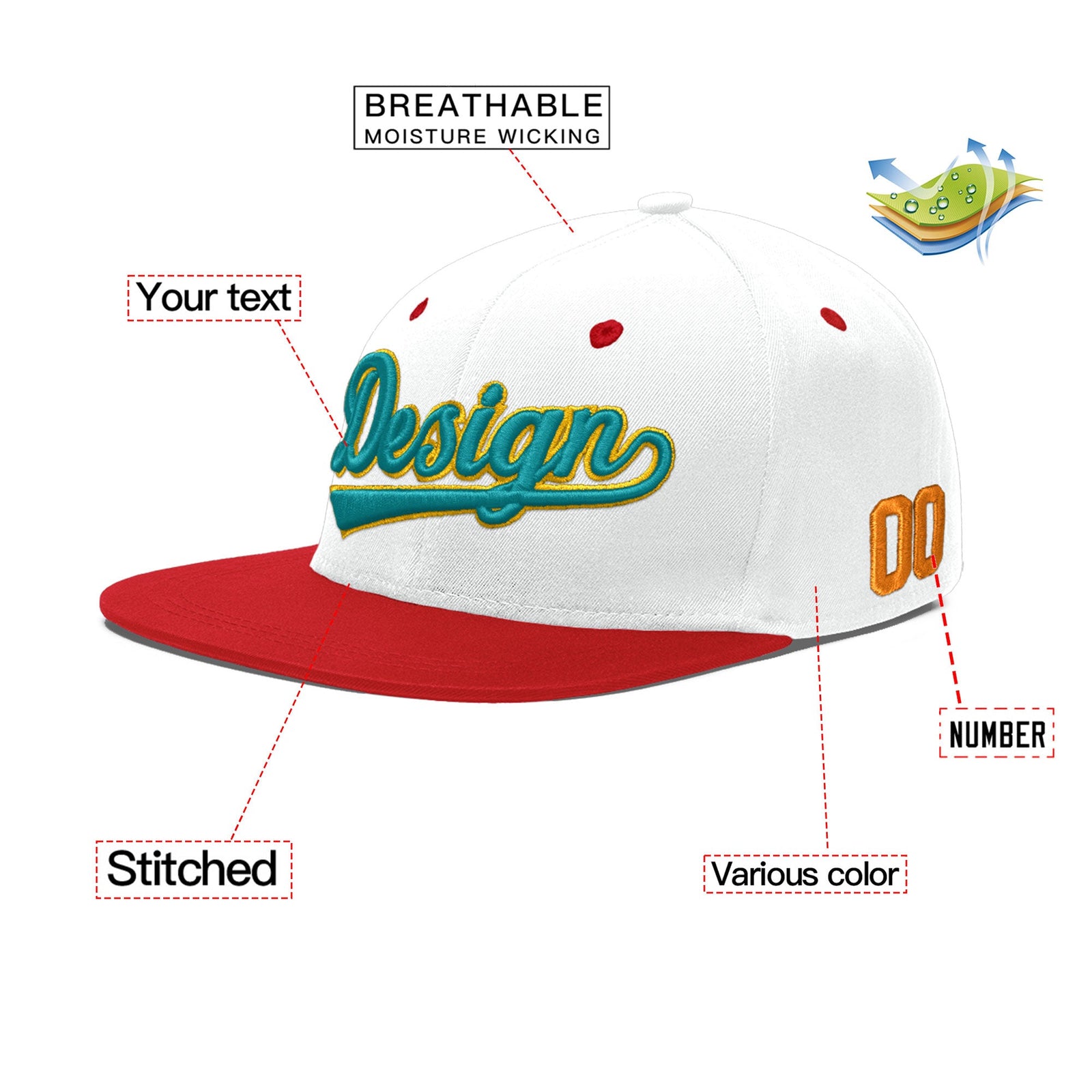 Custom White Red 3D Puff Embroidery Flat Embroidery Casual Sport Hats| KXKSHOP