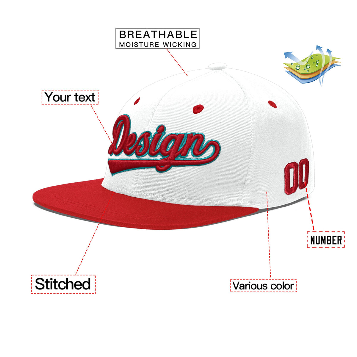 Custom White Red 3D Puff Embroidery Flat Embroidery Casual Sport Hats| KXKSHOP