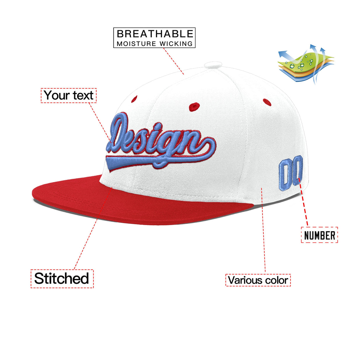 Custom White Red 3D Puff Embroidery Flat Embroidery Casual Sport Hats| KXKSHOP