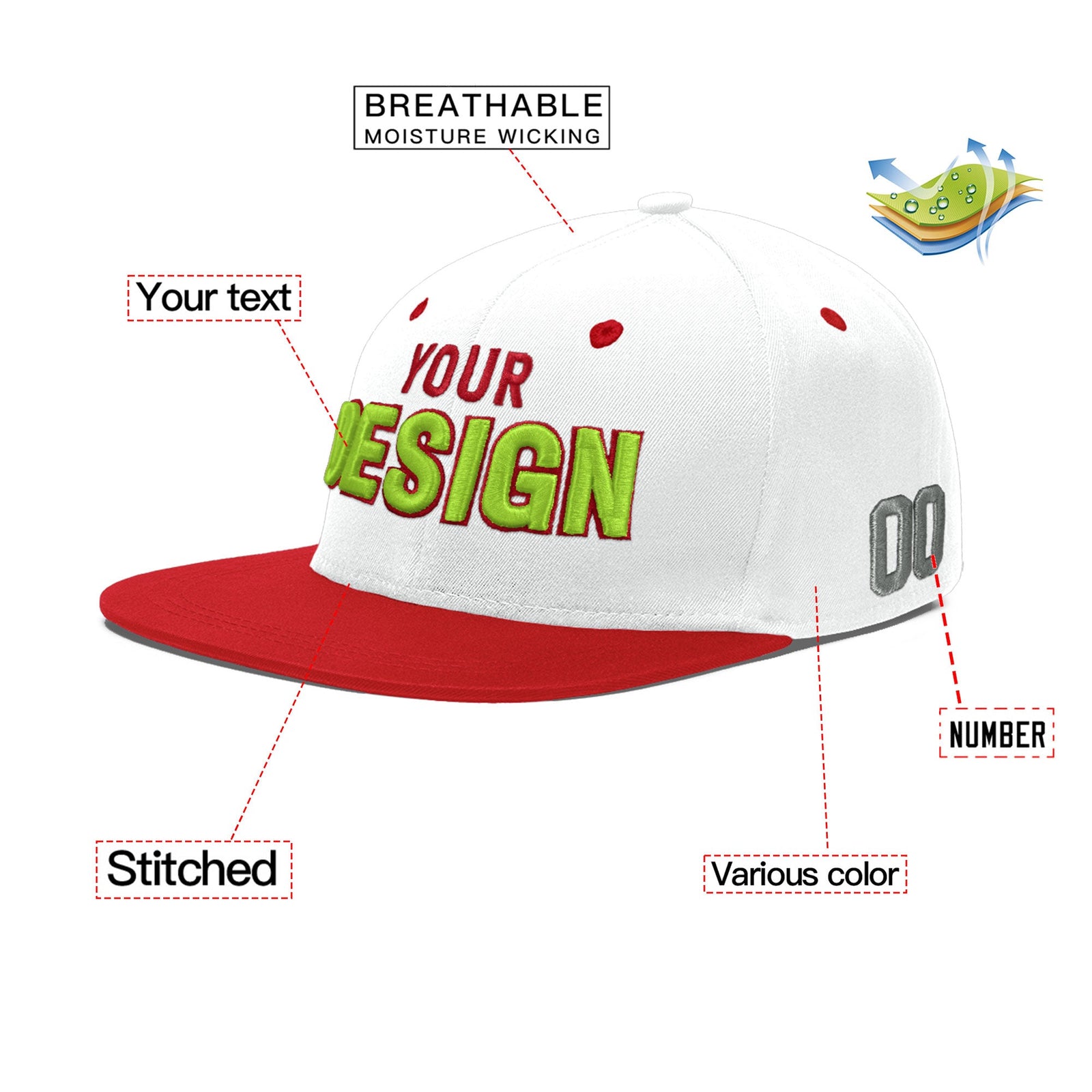 Custom White Red 3D Puff Embroidery Flat Embroidery Casual Sport Hats| KXKSHOP