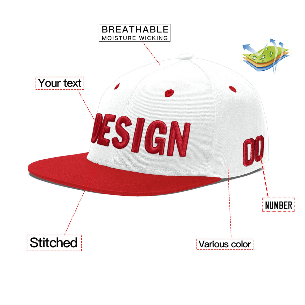 Custom White Red 3D Puff Embroidery Flat Embroidery Casual Sport Hats| KXKSHOP