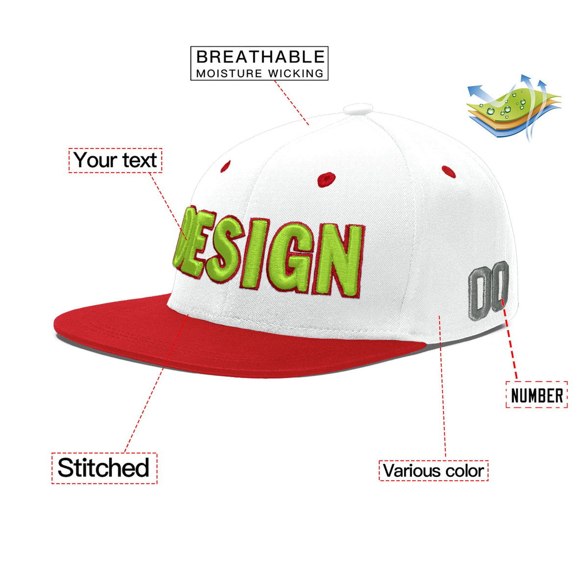 Custom White Red 3D Puff Embroidery Flat Embroidery Casual Sport Hats| KXKSHOP