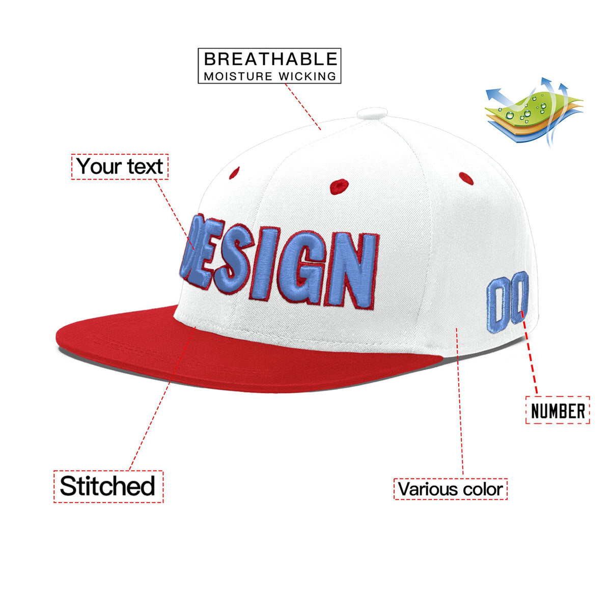 Custom White Red 3D Puff Embroidery Flat Embroidery Casual Sport Hats| KXKSHOP