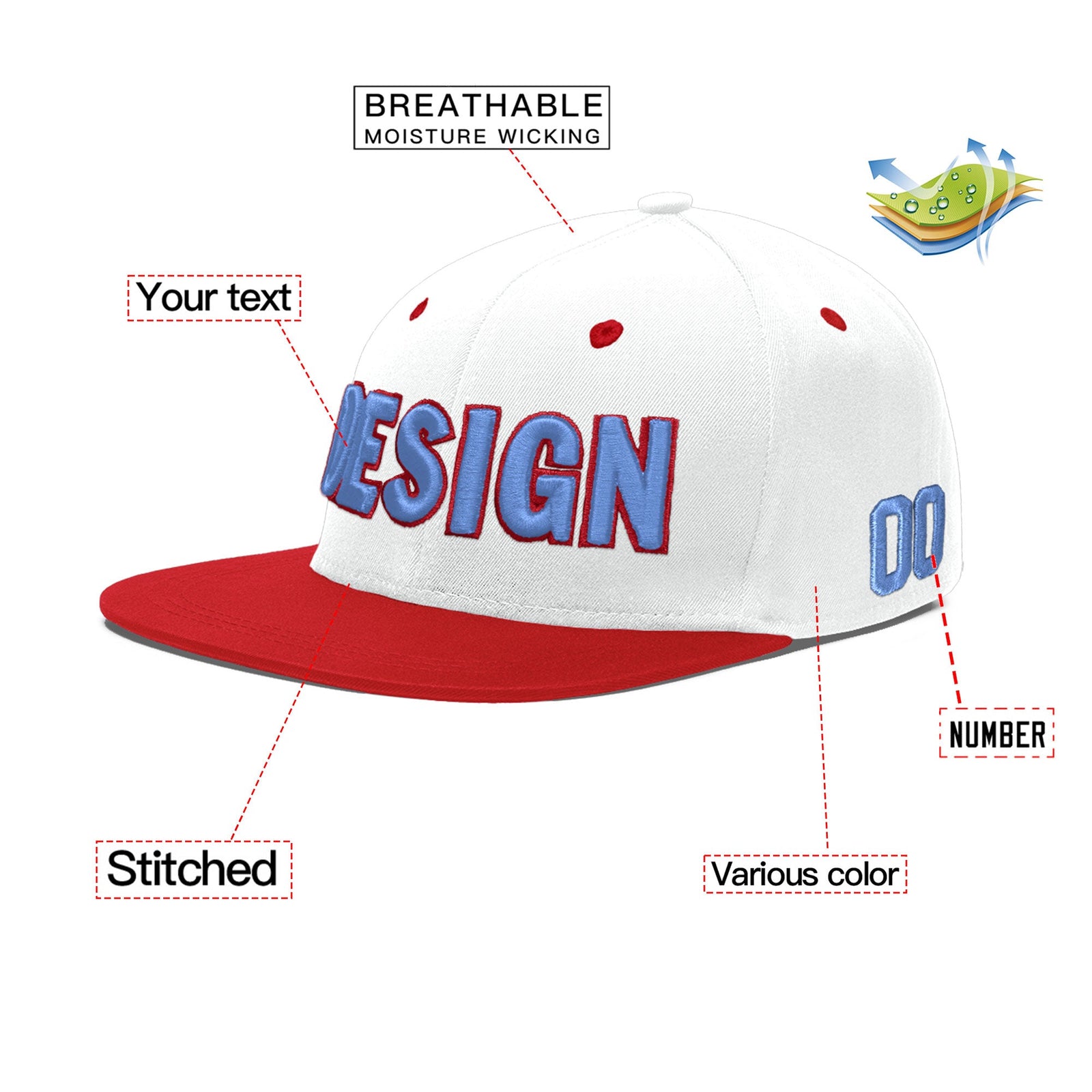 Custom White Red 3D Puff Embroidery Flat Embroidery Casual Sport Hats| KXKSHOP
