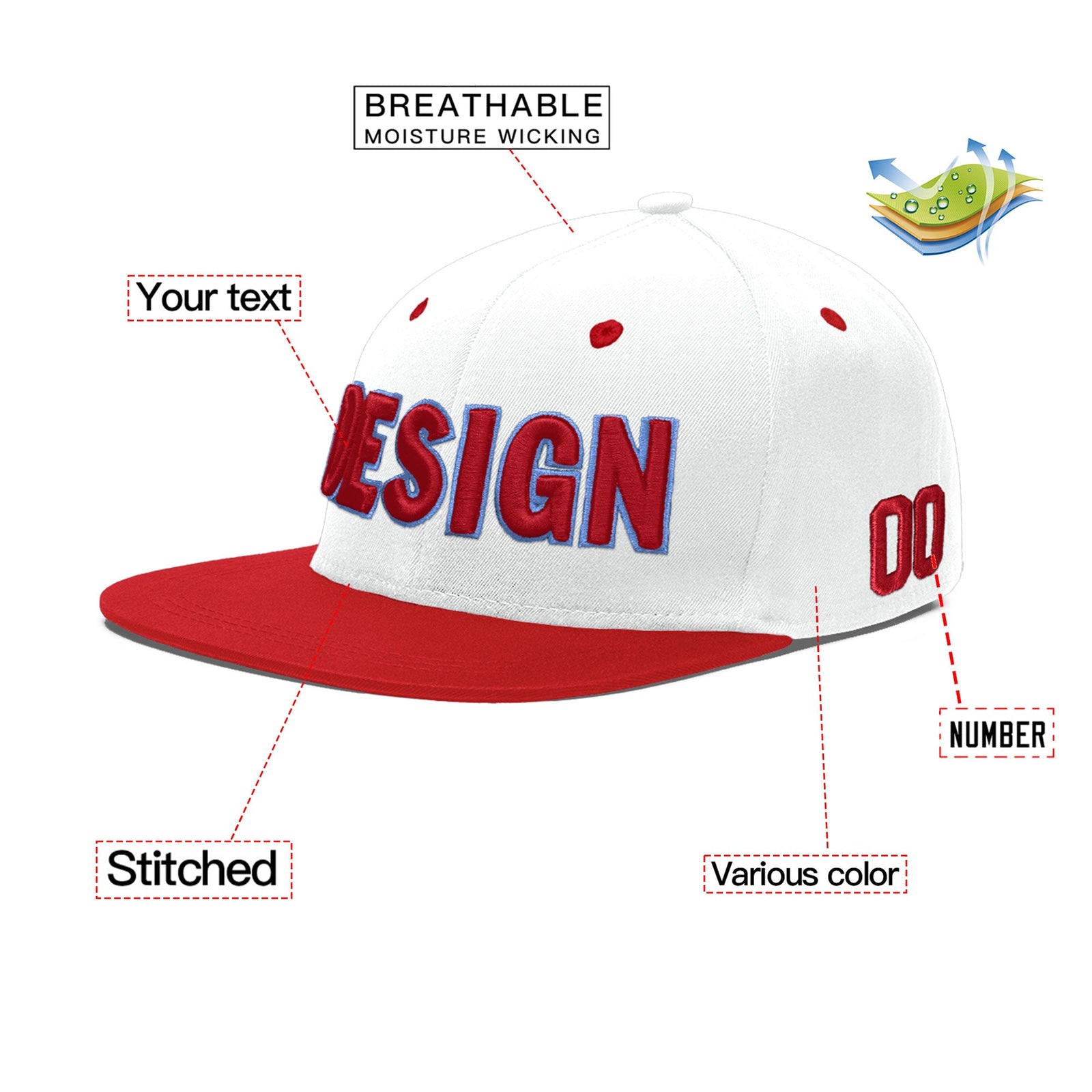 Custom White Red Light Blue 3D Puff Embroidery Flat Embroidery Casual Sport Hats| KXKSHOP