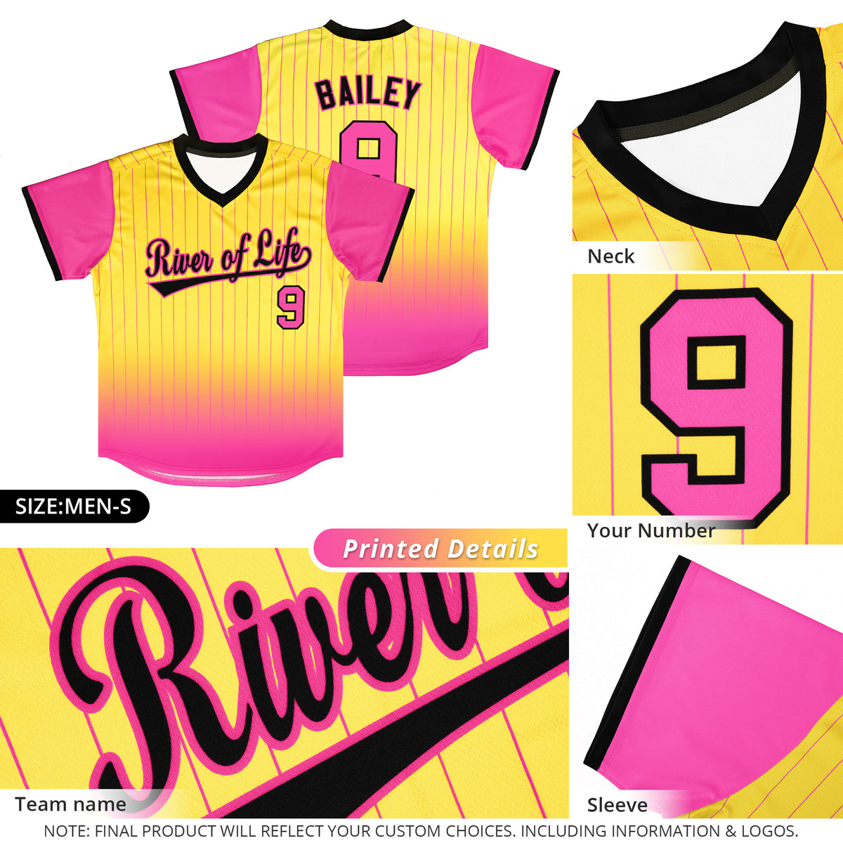Custom Gold Pink-Black Gradient Fashion Authentic Pullover Pinstripe Baseball Jersey