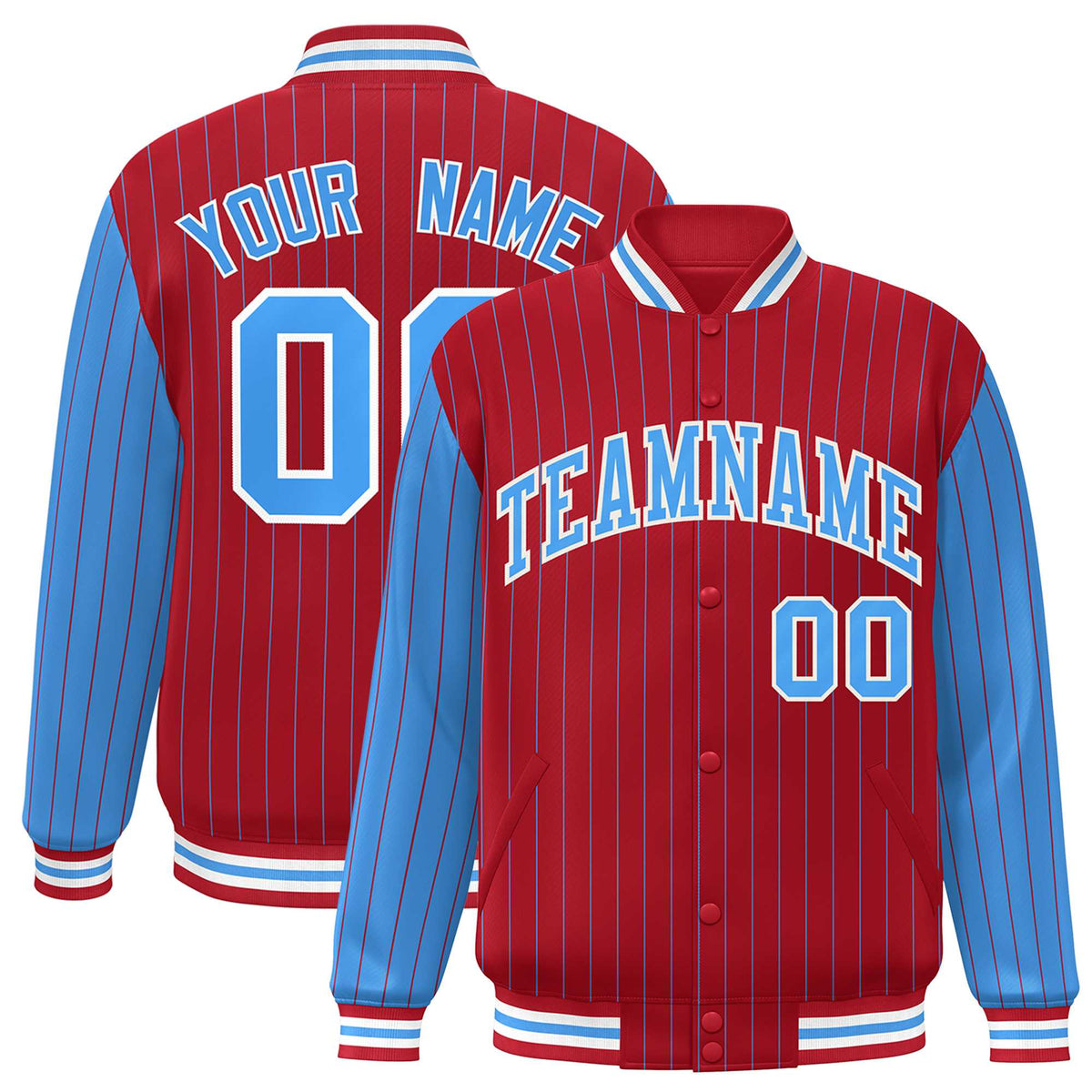 Custom Red Powder Blue Raglan Sleeves Varsity Full-Snap Pinstripe Letterman Baseball Jacket