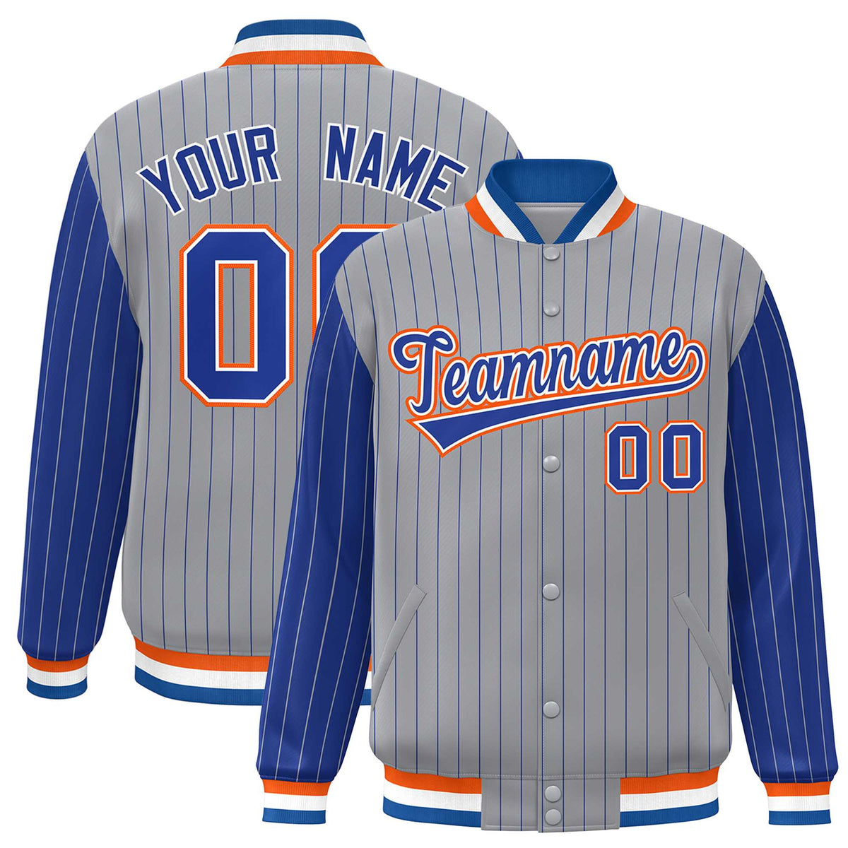 Custom Gray Royal Raglan Sleeves Varsity Full-Snap Pinstripe Letterman Baseball Jacket