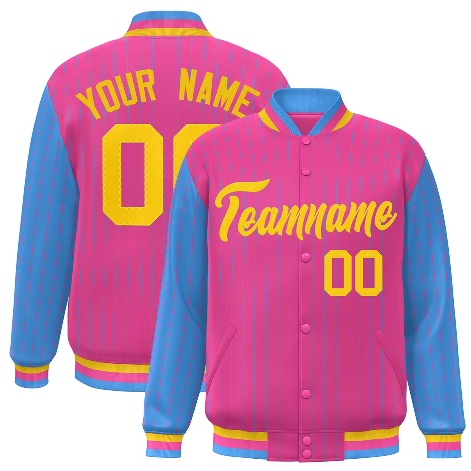 Custom Pink Powder Blue Raglan Sleeves Varsity Full-Snap Pinstripe Letterman Baseball Jacket