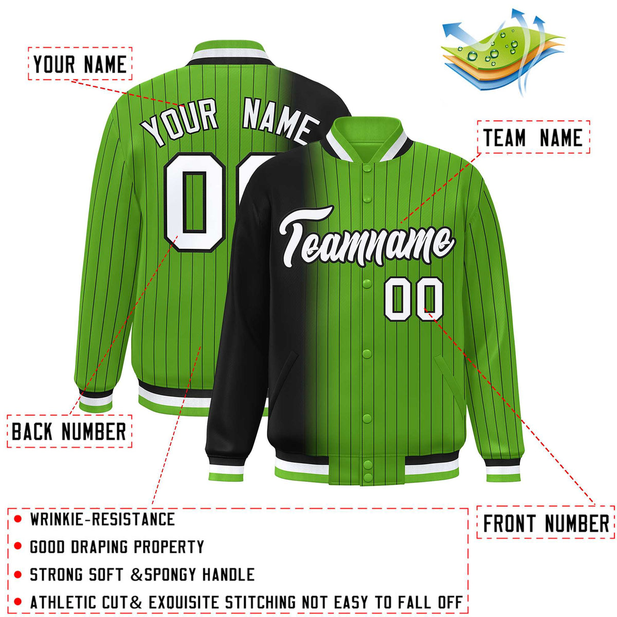 Custom Neon Green Black Gradient Varsity Full-Snap Pinstripe Letterman Baseball Jacket