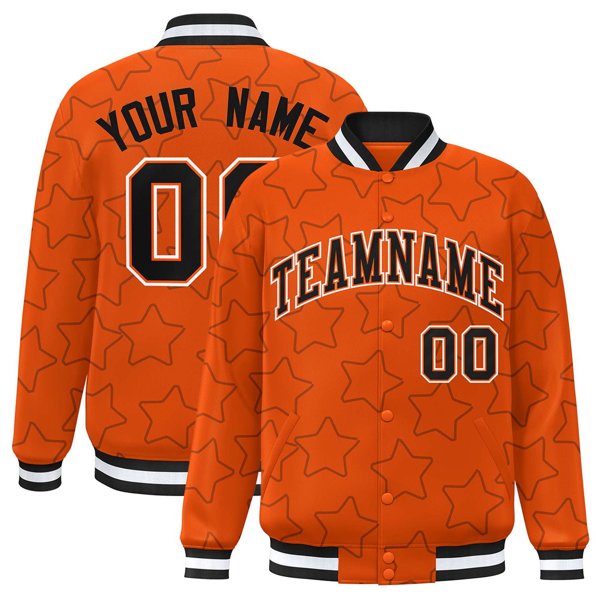 Custom Orange Black Varsity Full-Snap Star Pattern Letterman Baseball Jacket