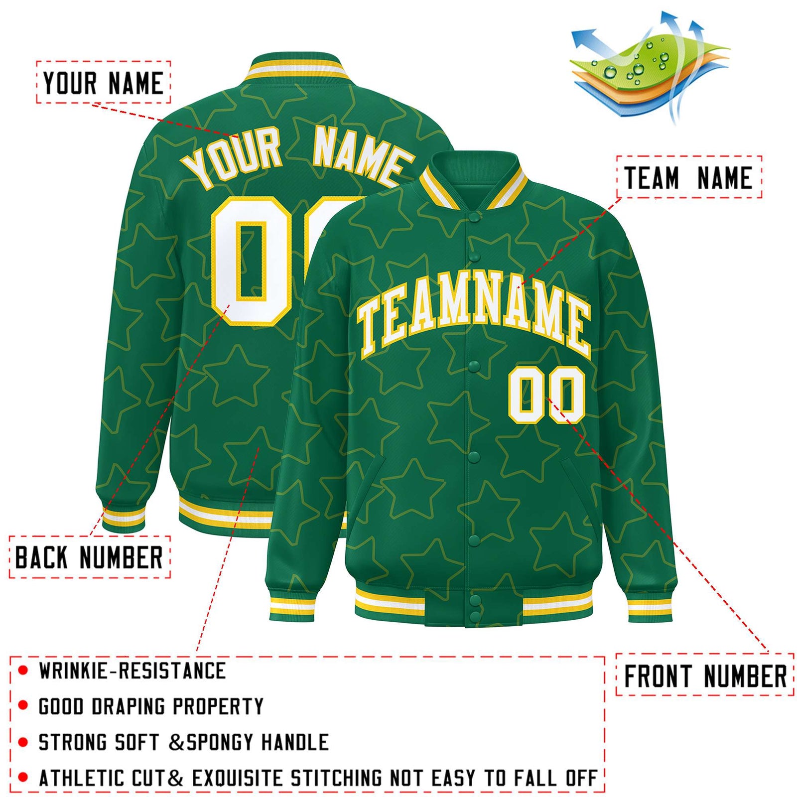 Custom Kelly Green Gold Varsity Full-Snap Star Pattern Letterman Baseball Jacket