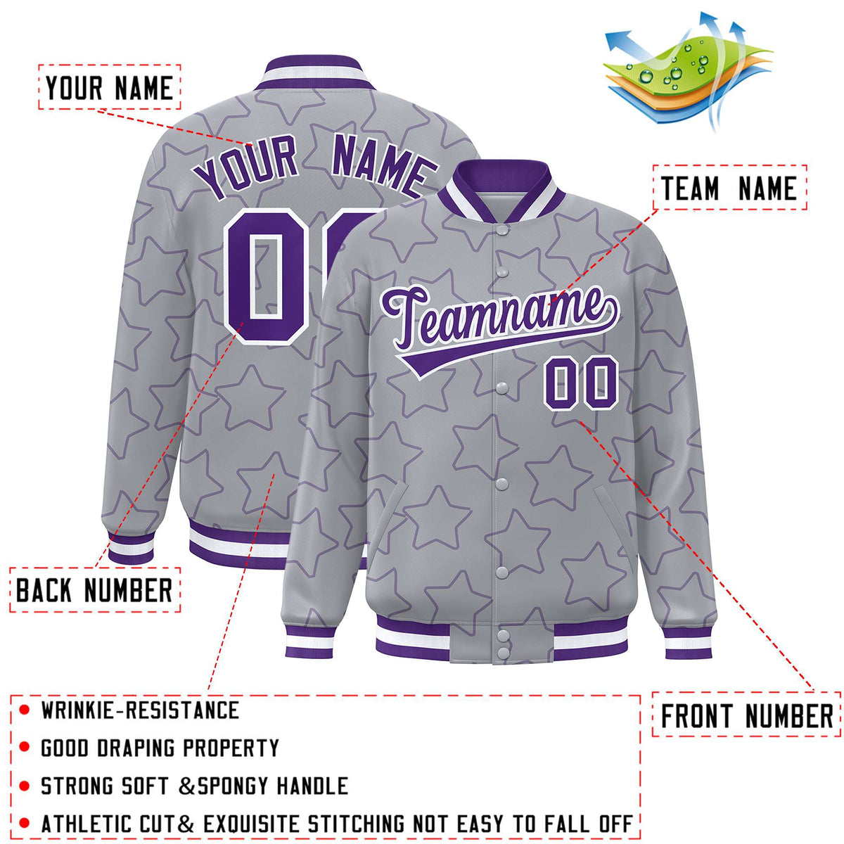 Custom Gray Purple Varsity Full-Snap Star Pattern Letterman Baseball Jacket