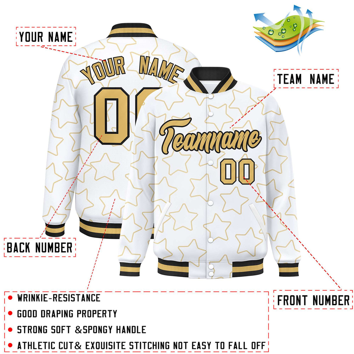 Custom White Old Gold Varsity Full-Snap Star Pattern Letterman Baseball Jacket