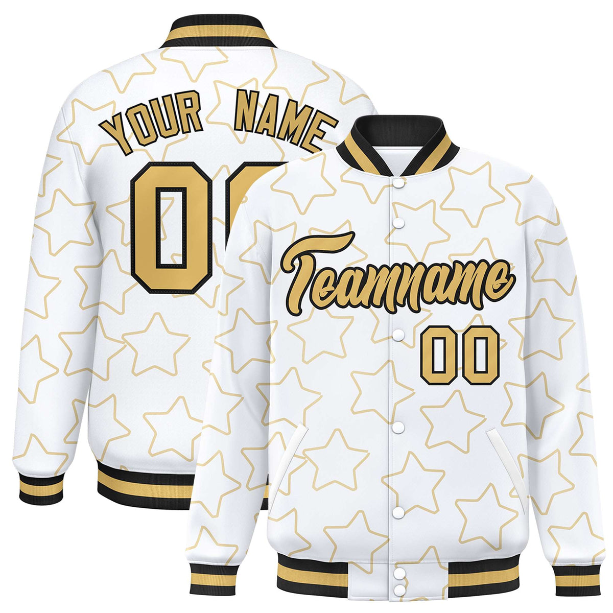 Custom White Old Gold Varsity Full-Snap Star Pattern Letterman Baseball Jacket