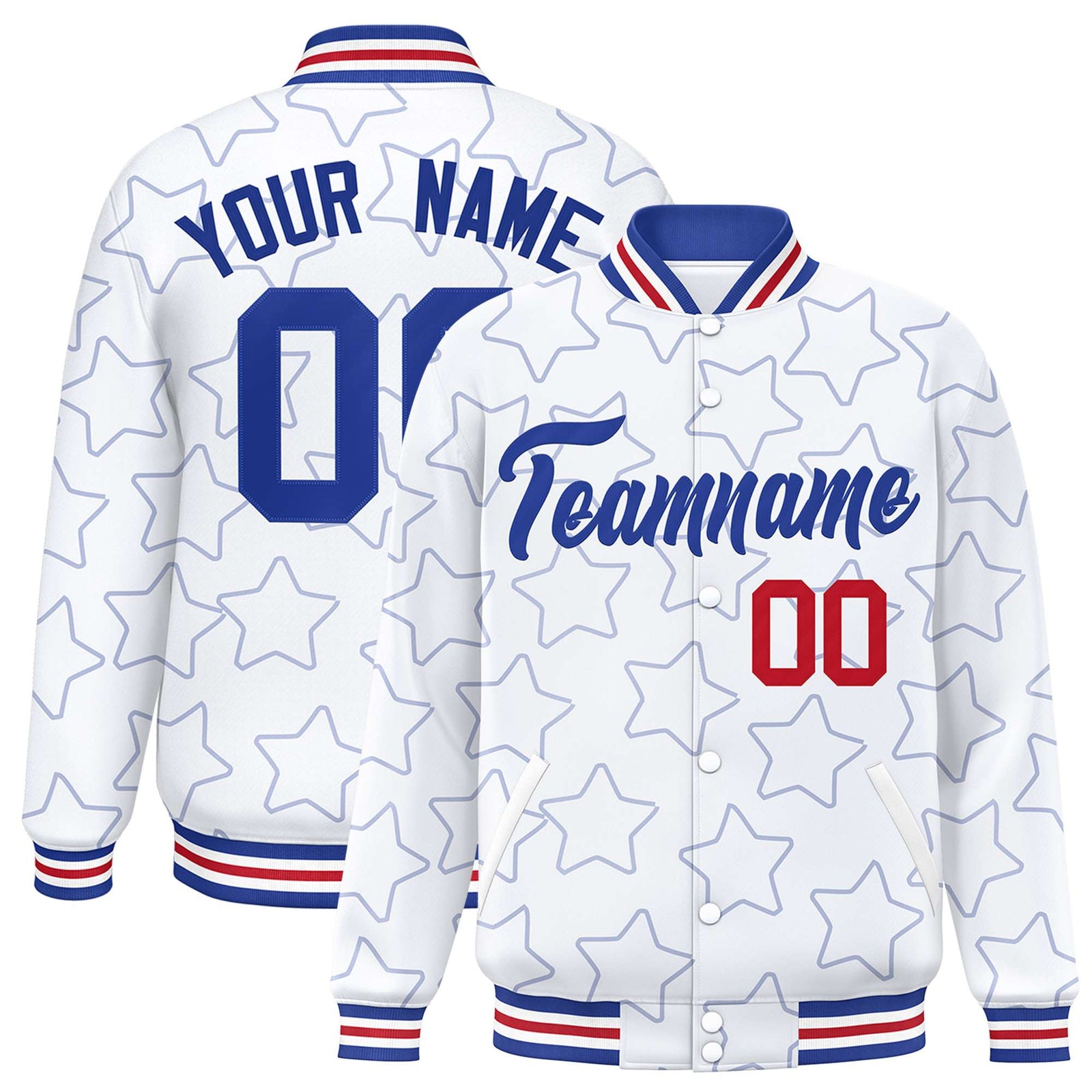 Custom White Royal Varsity Full-Snap Star Pattern Letterman Baseball Jacket