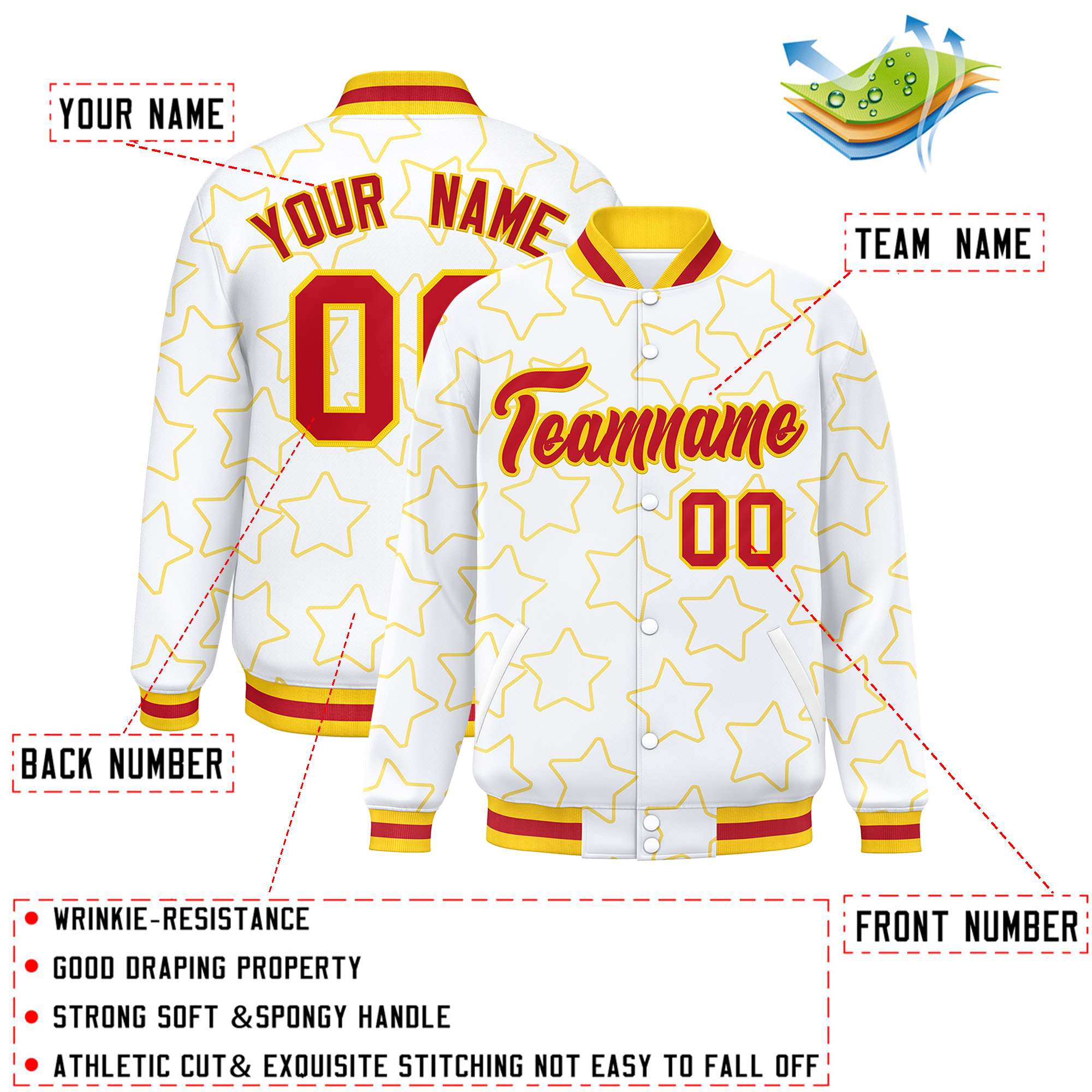 Custom White Gold Varsity Full-Snap Star Pattern Letterman Baseball Jacket